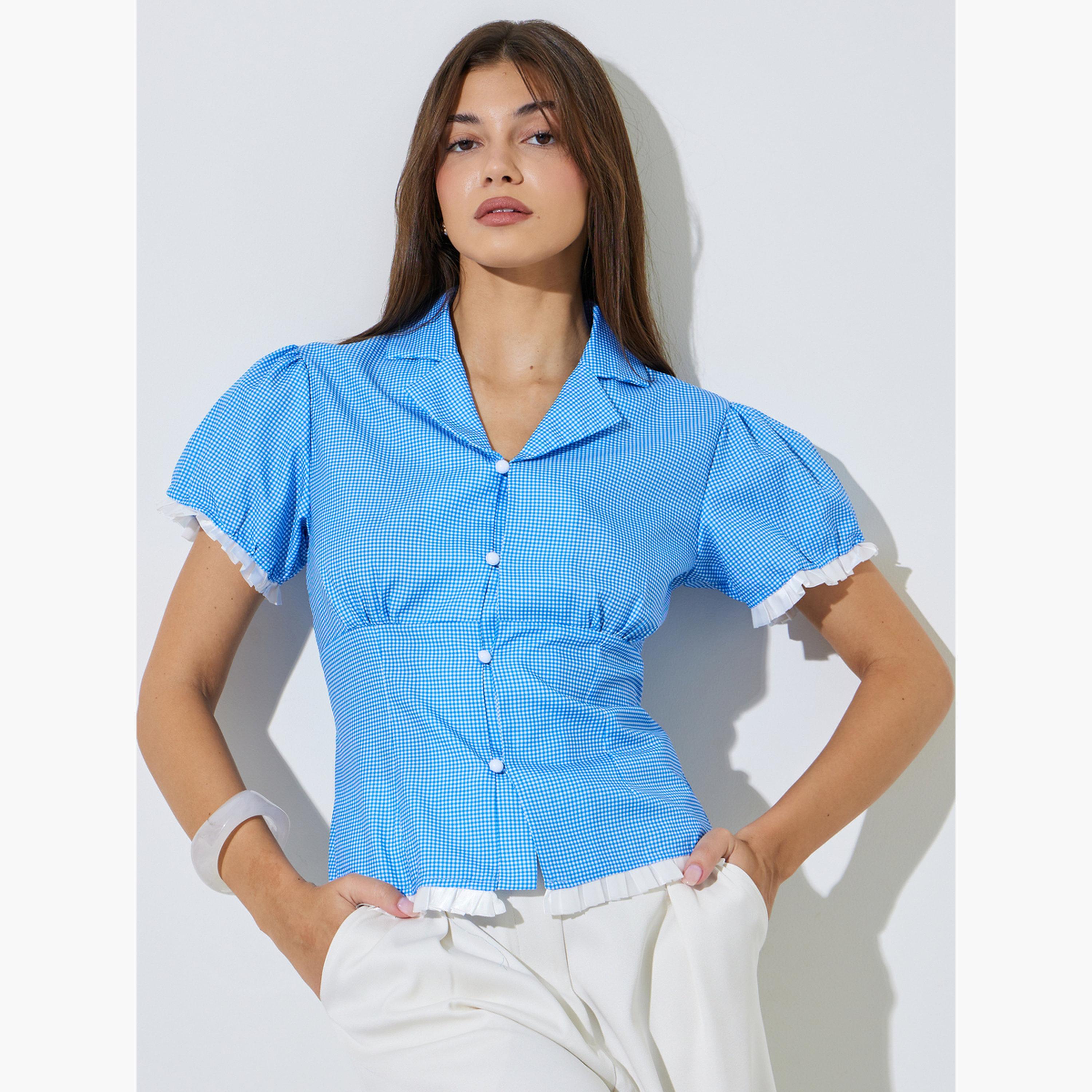 بلوزة مجسمة بطبعة جينغهام وتفاصيل دانتيل-women-clothing-shirtsandblouses-shirts-image-1