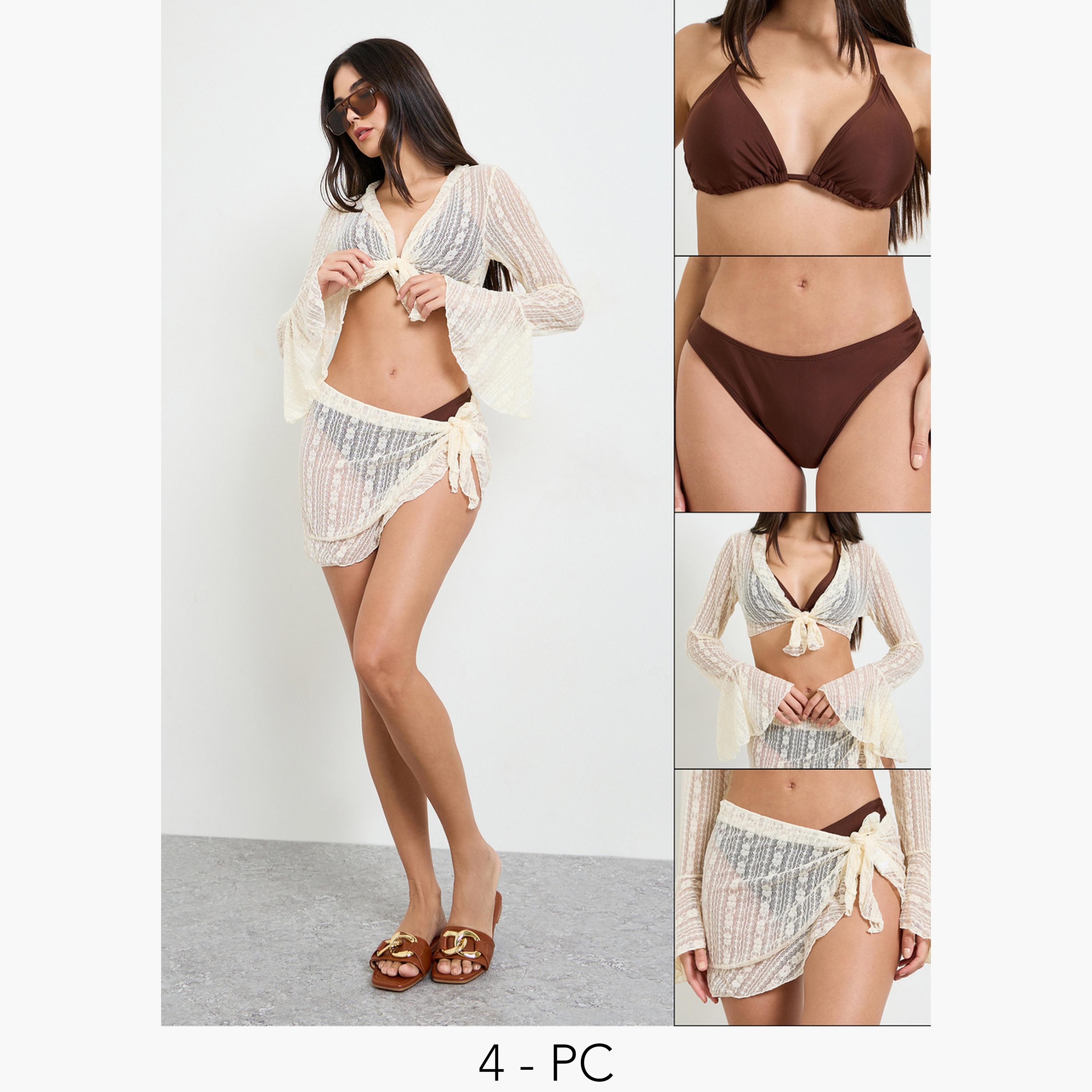 مجموعة من بلوزة بتفاصيل كشكش وربطة أمامية وبارزة الملمس وسارونغ قصير- 4 قطع-women-clothing-swimandbeach-swim-swimsuits-image-1