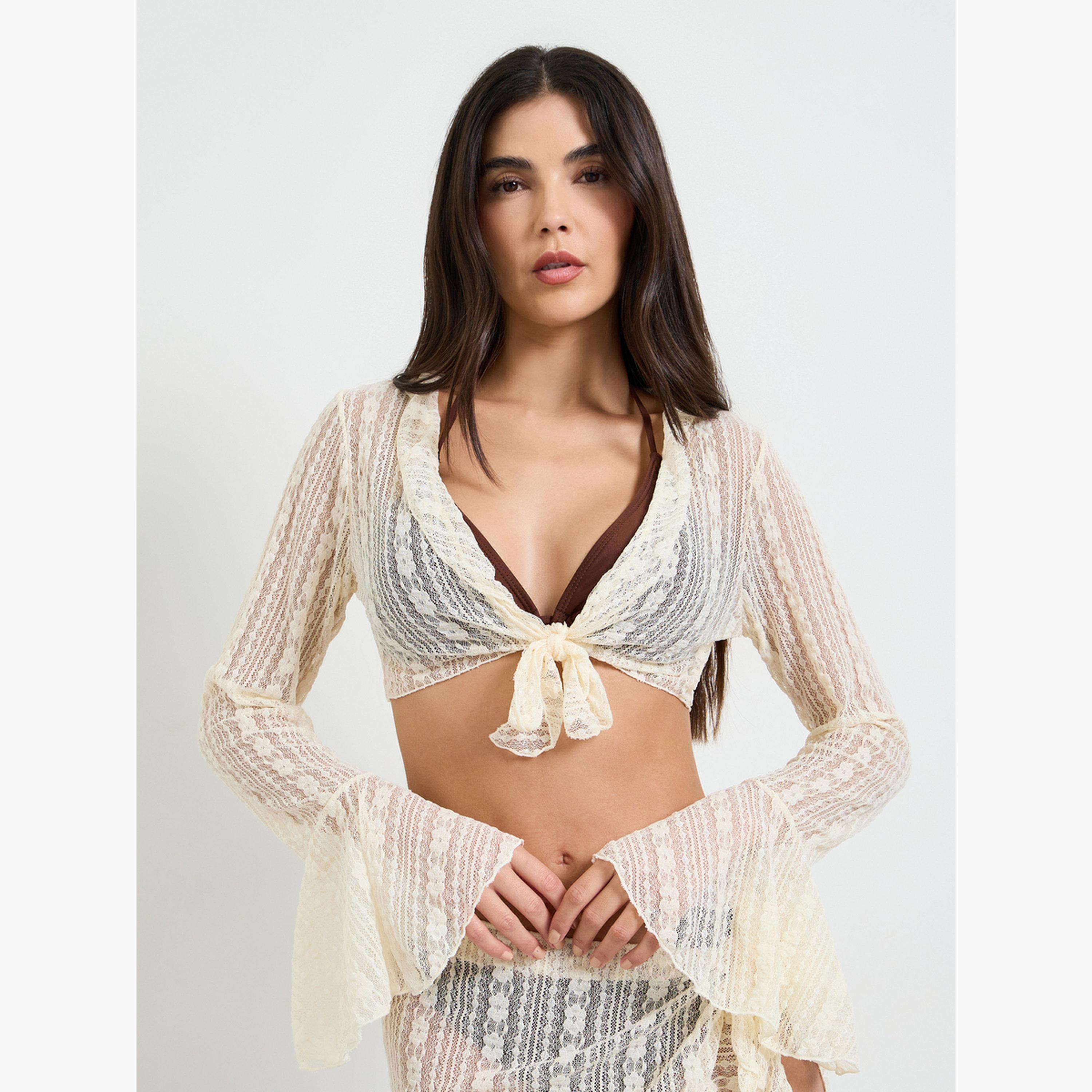 مجموعة من بلوزة بتفاصيل كشكش وربطة أمامية وبارزة الملمس وسارونغ قصير- 4 قطع-women-clothing-swimandbeach-swim-swimsuits-image-5