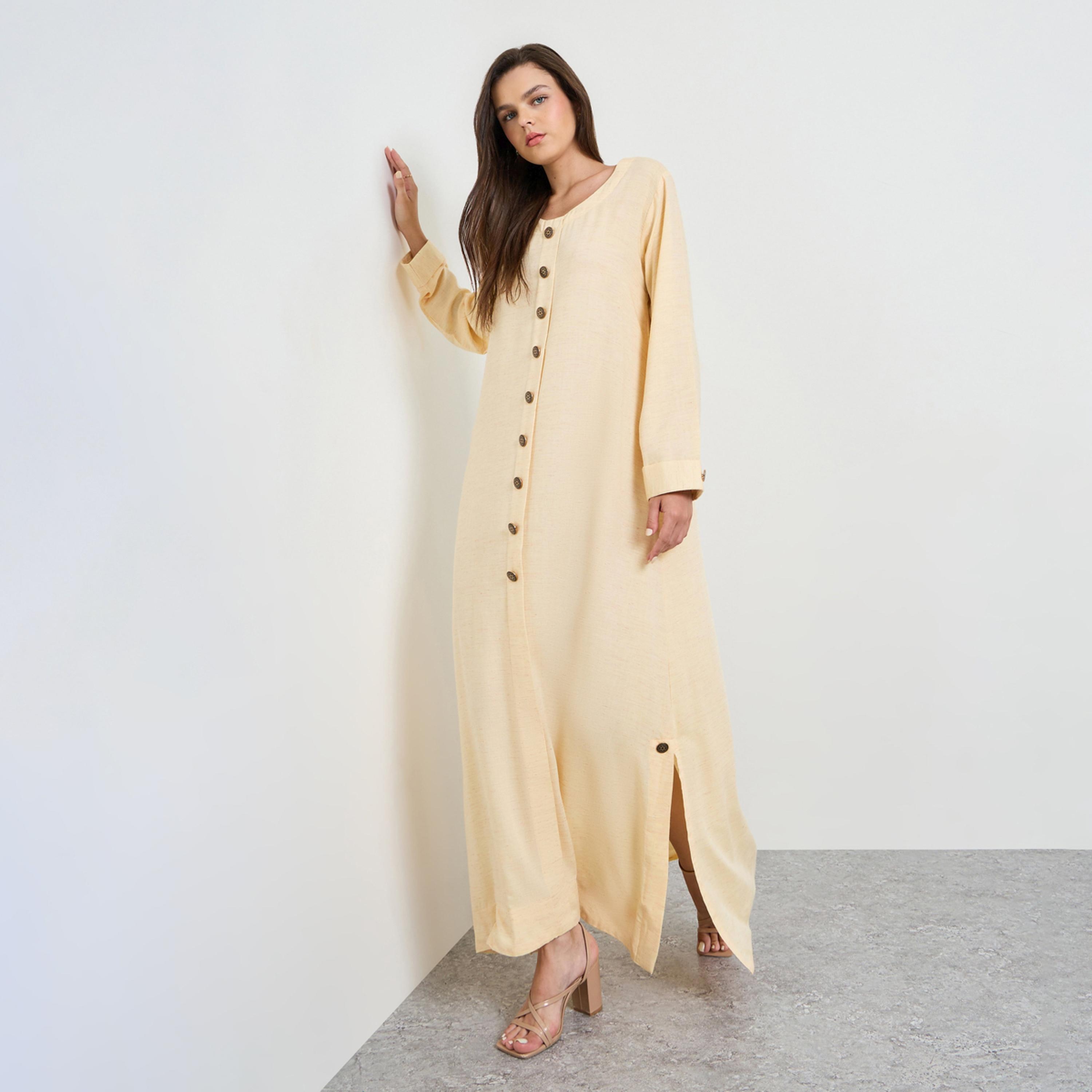 Maxim Creation X Styli Yellow Solid Button Details Maxi Dress-women-clothing-dresses-image-1