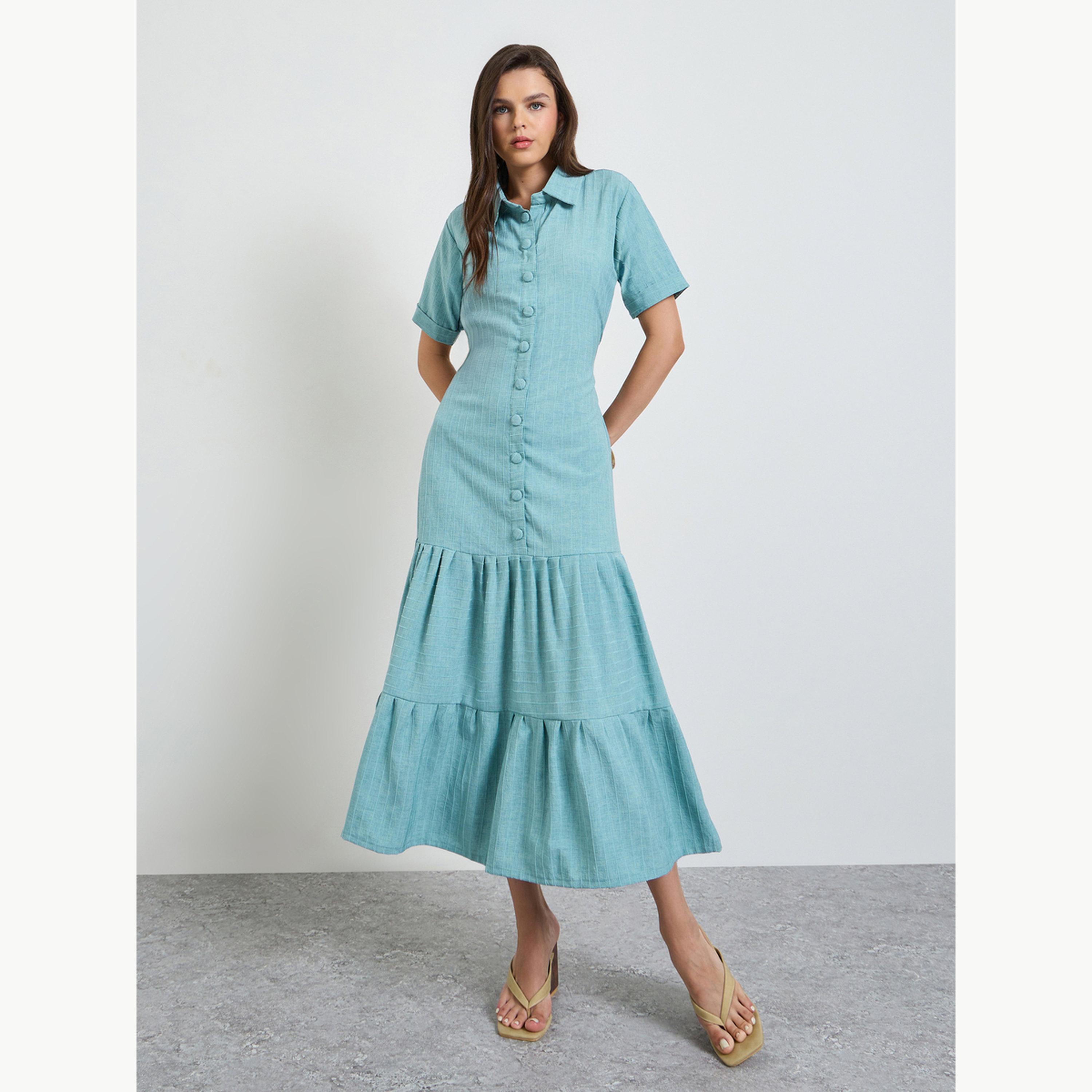 Maxim Creation X Styli Green Front Button Tiered Midi Dress-women-clothing-dresses-image-1