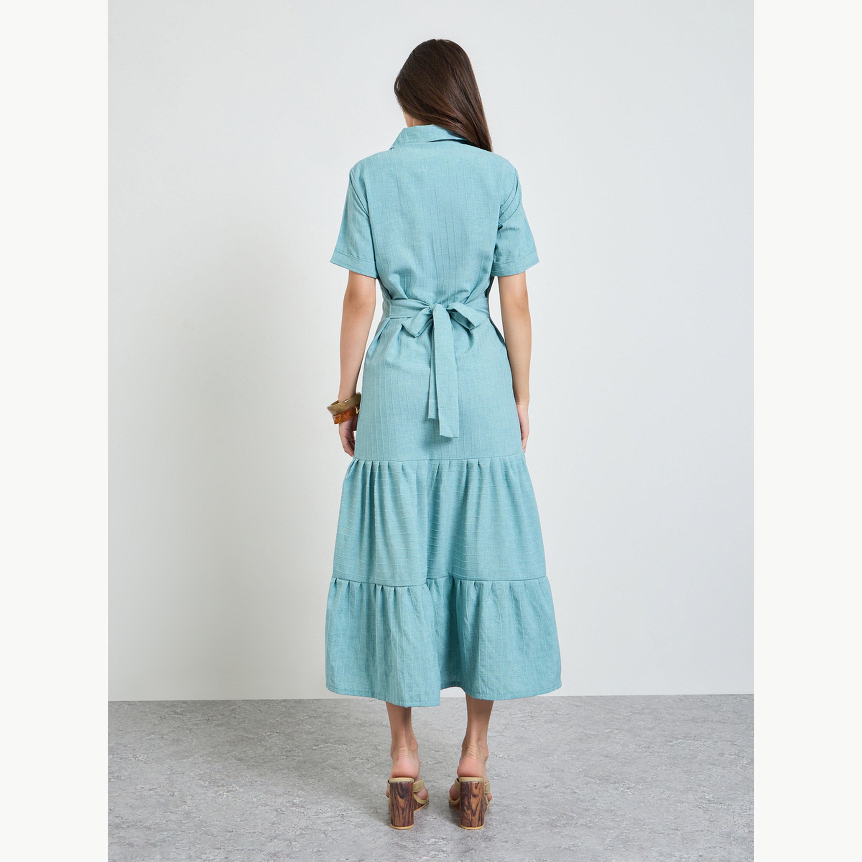 Maxim Creation X Styli Green Front Button Tiered Midi Dress-women-clothing-dresses-image-4