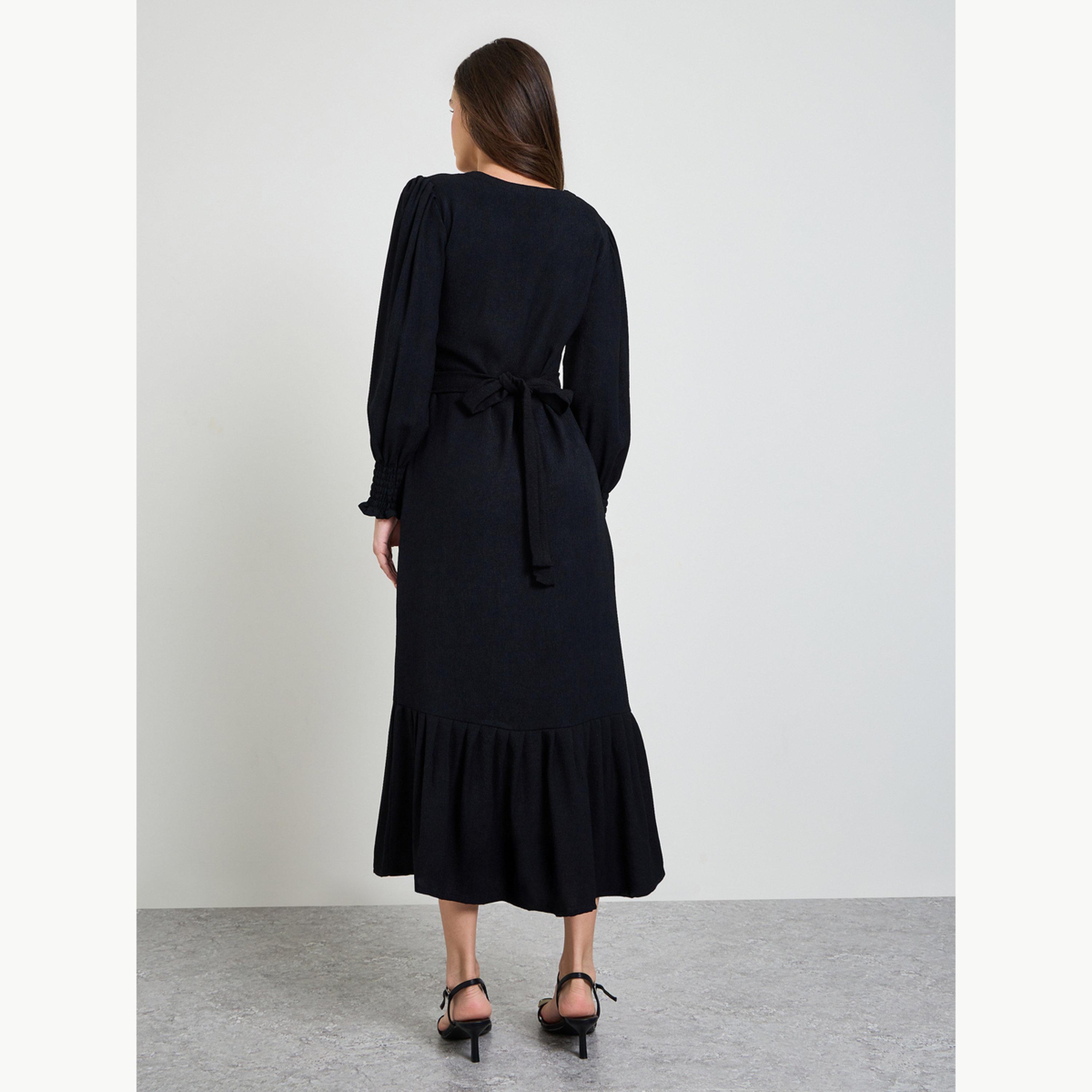 فستان طويل بتفاصيل بارزة الملمس برابطة عنق-women-clothing-dresses-image-3