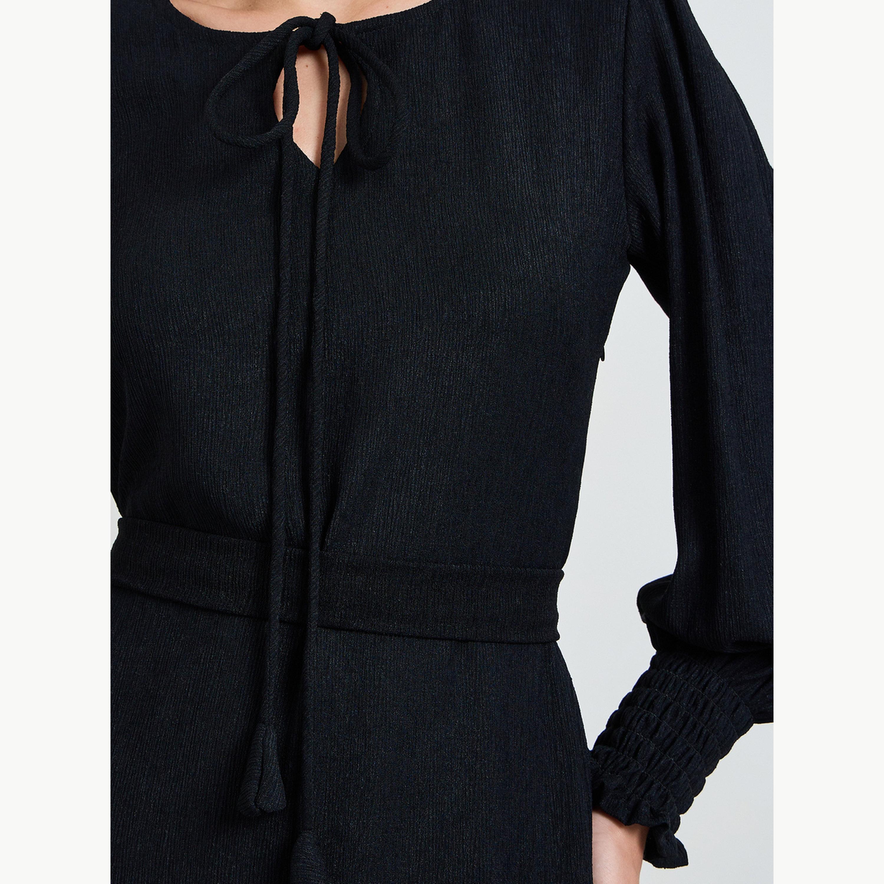 فستان طويل بتفاصيل بارزة الملمس برابطة عنق-women-clothing-dresses-image-4
