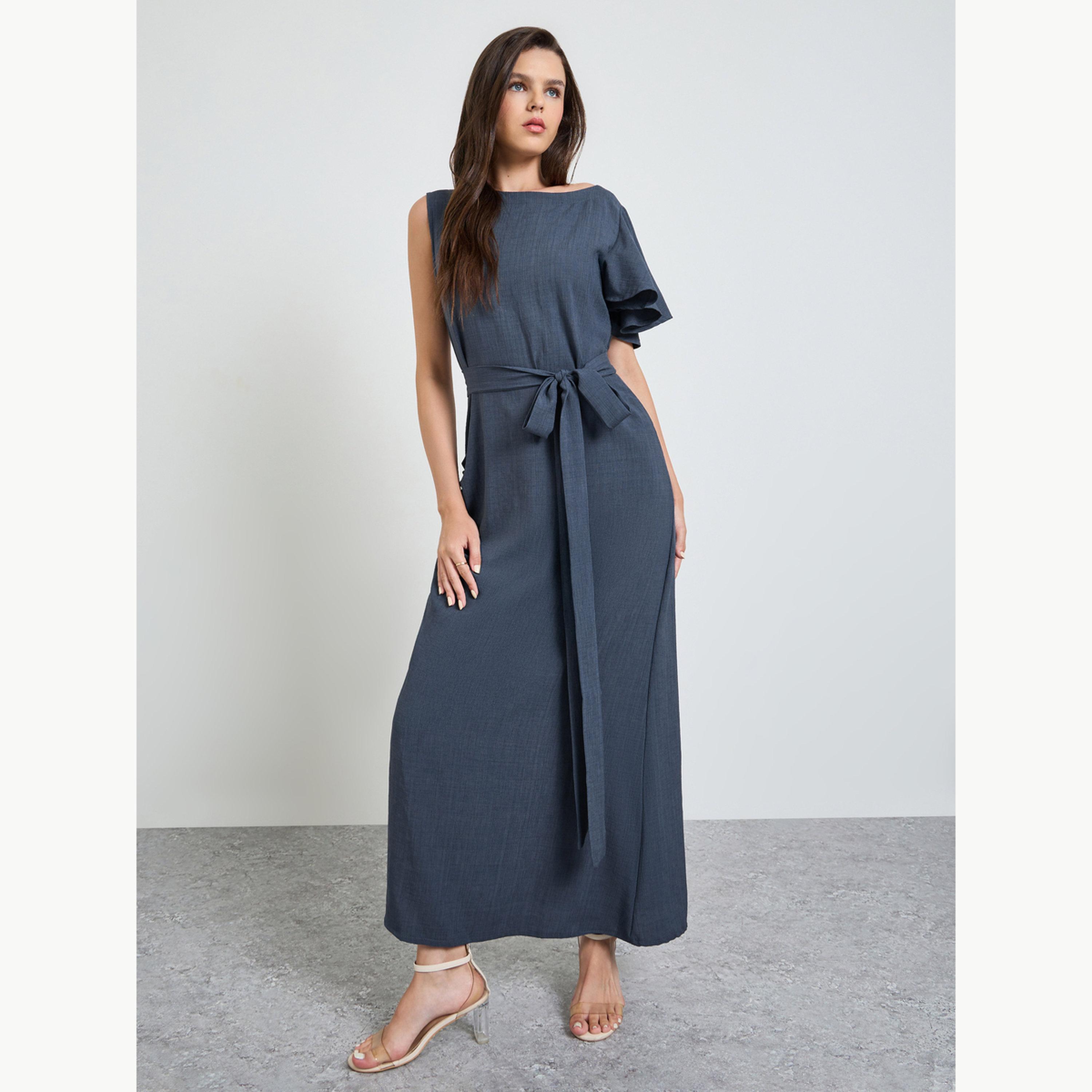 Maxim Creation X Styli Grey Boat Neck A-Line Maxi Dress with Tie-Belt-women-clothing-dresses-image-1