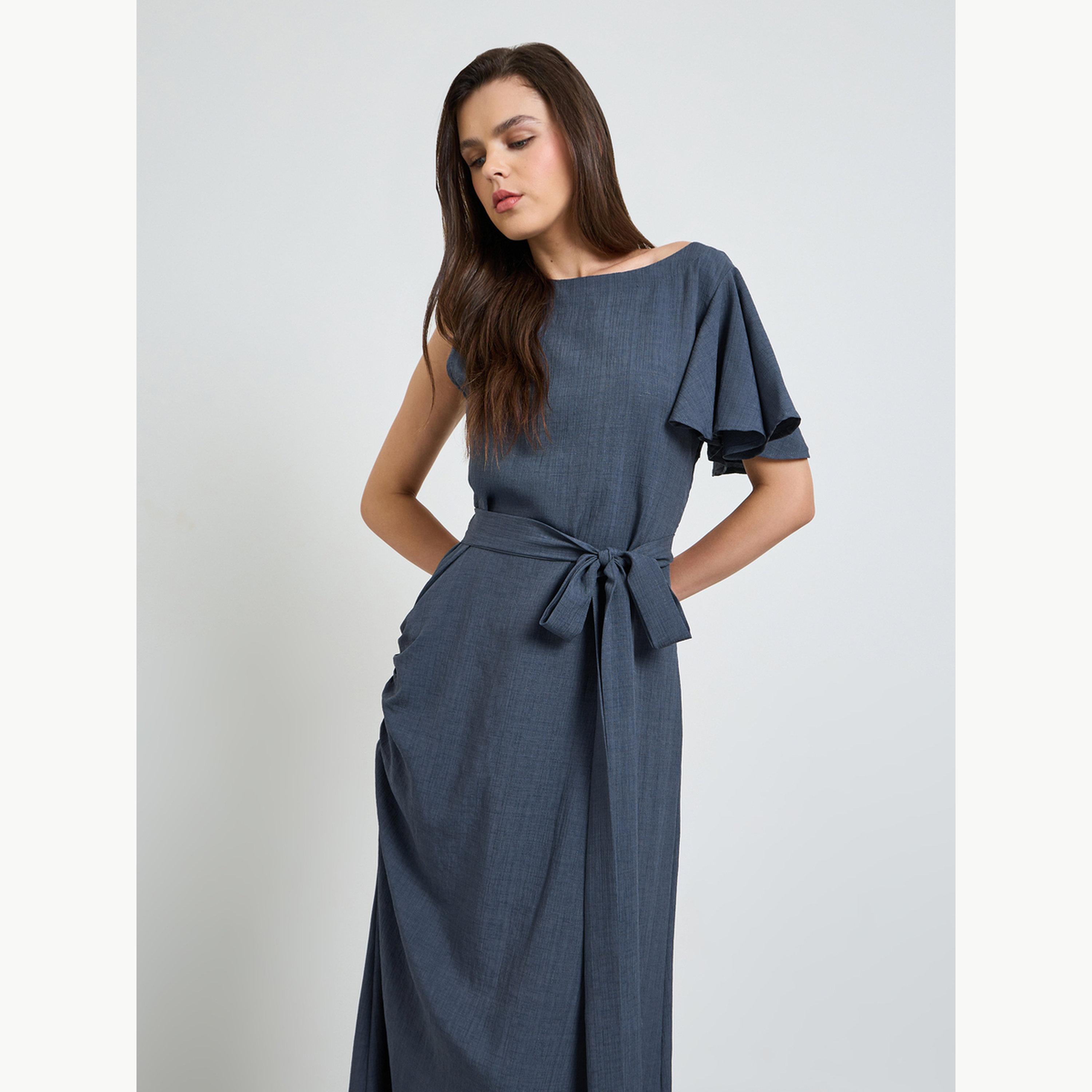 Maxim Creation X Styli Grey Boat Neck A-Line Maxi Dress with Tie-Belt-women-clothing-dresses-image-2