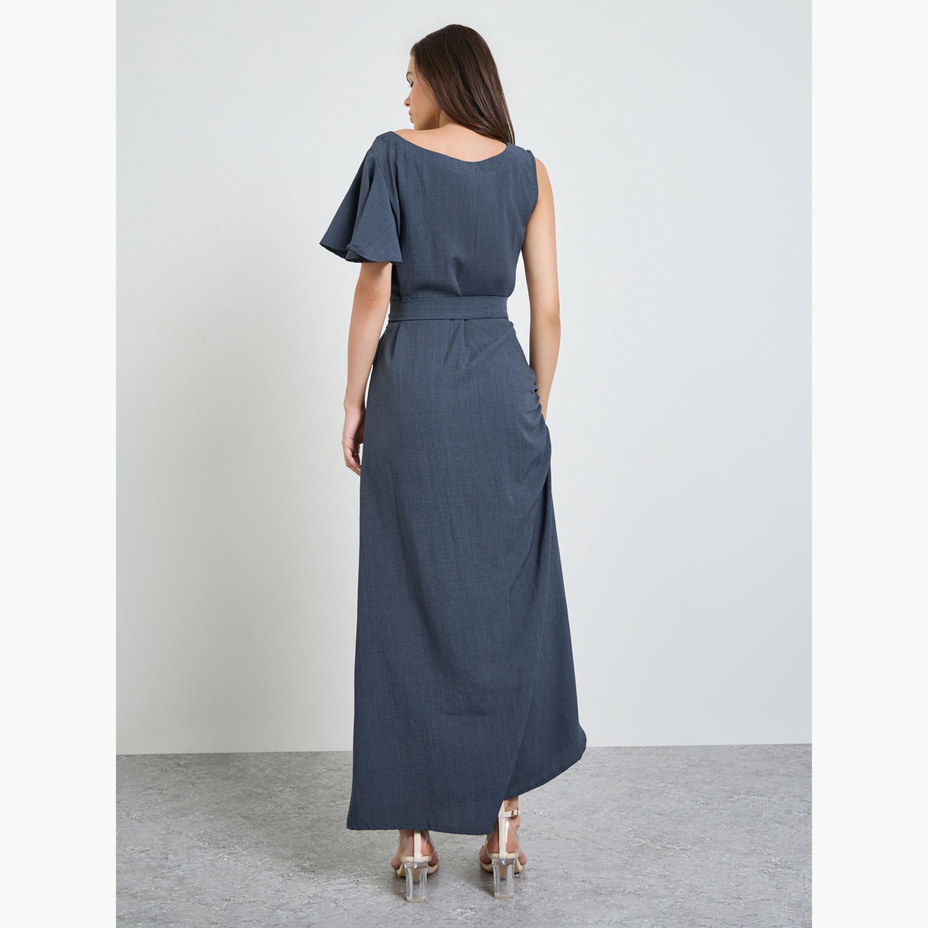 Maxim Creation X Styli Grey Boat Neck A-Line Maxi Dress with Tie-Belt-women-clothing-dresses-image-3