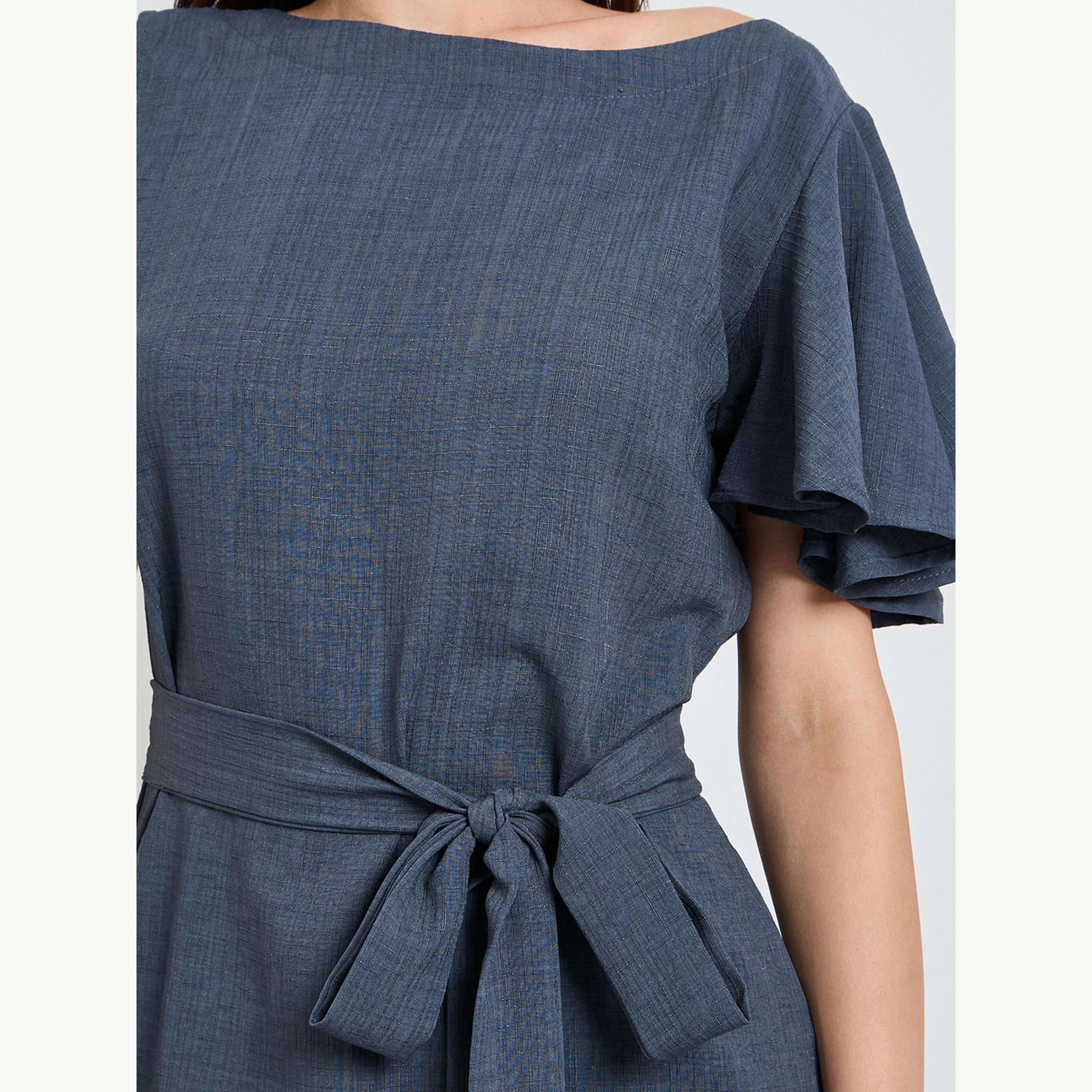 Maxim Creation X Styli Grey Boat Neck A-Line Maxi Dress with Tie-Belt-women-clothing-dresses-image-4