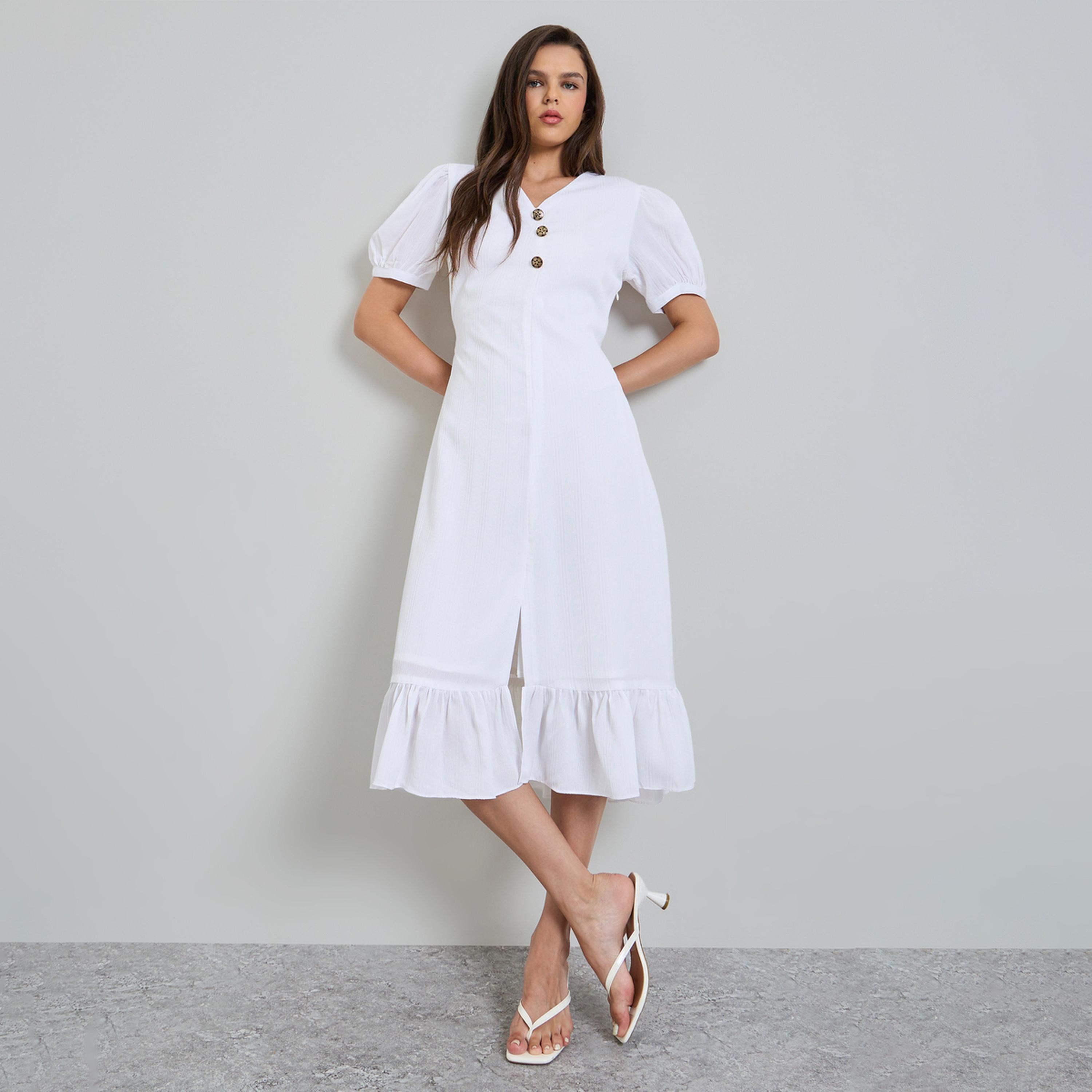 Maxim Creation X Styli White Puff Sleeves A-Line Midi Dress-women-clothing-dresses-image-1