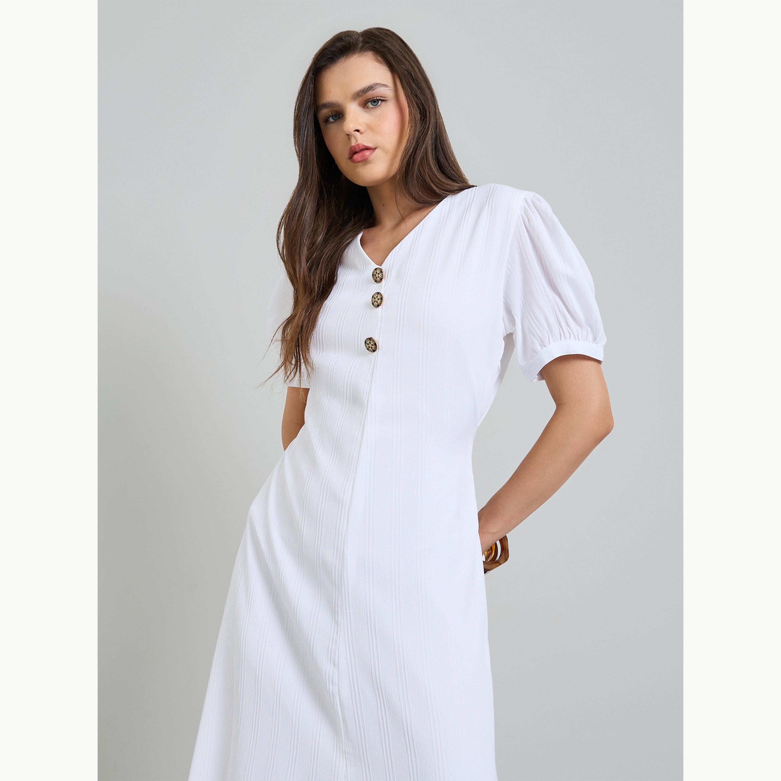 Maxim Creation X Styli White Puff Sleeves A-Line Midi Dress-women-clothing-dresses-image-2