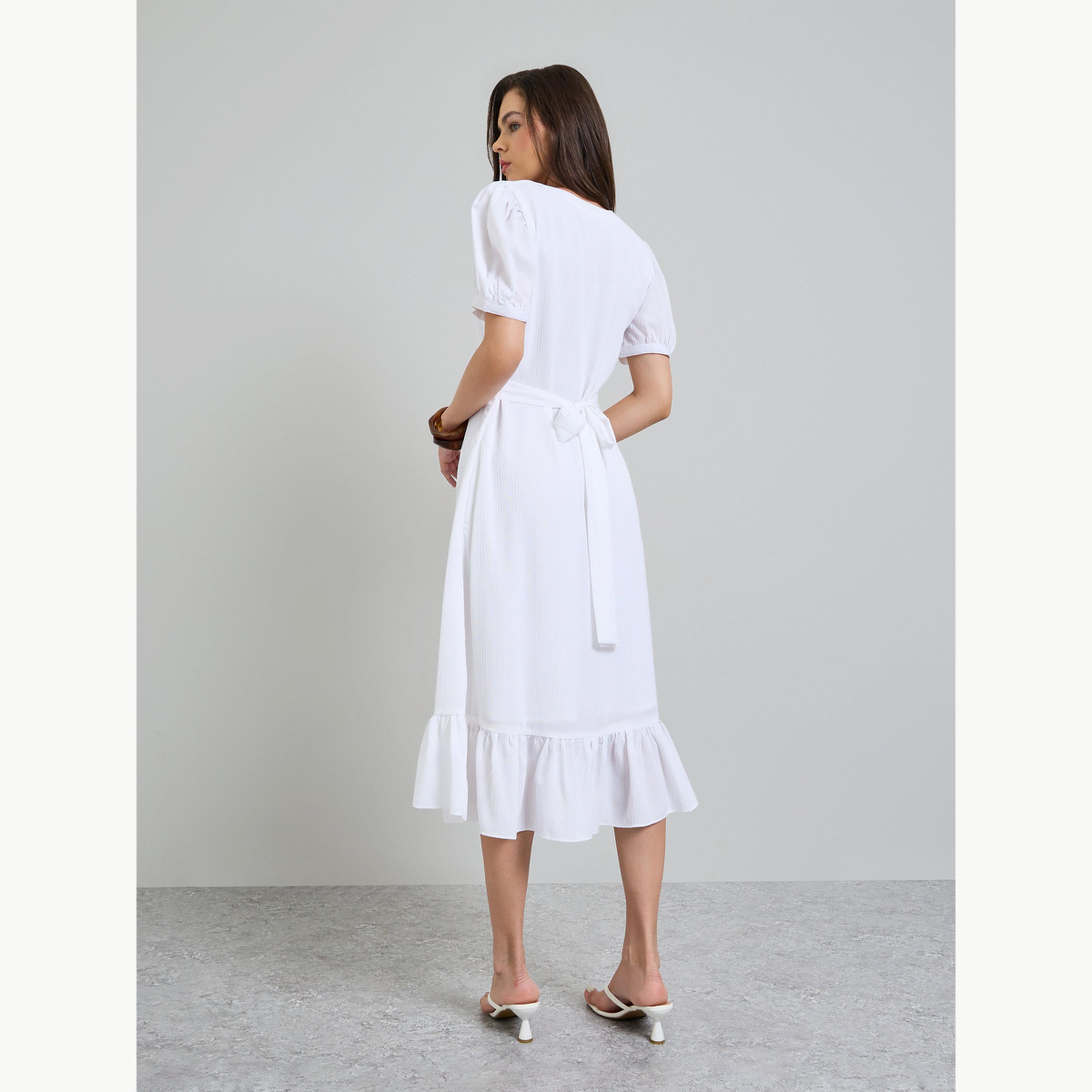 Maxim Creation X Styli White Puff Sleeves A-Line Midi Dress-women-clothing-dresses-image-3