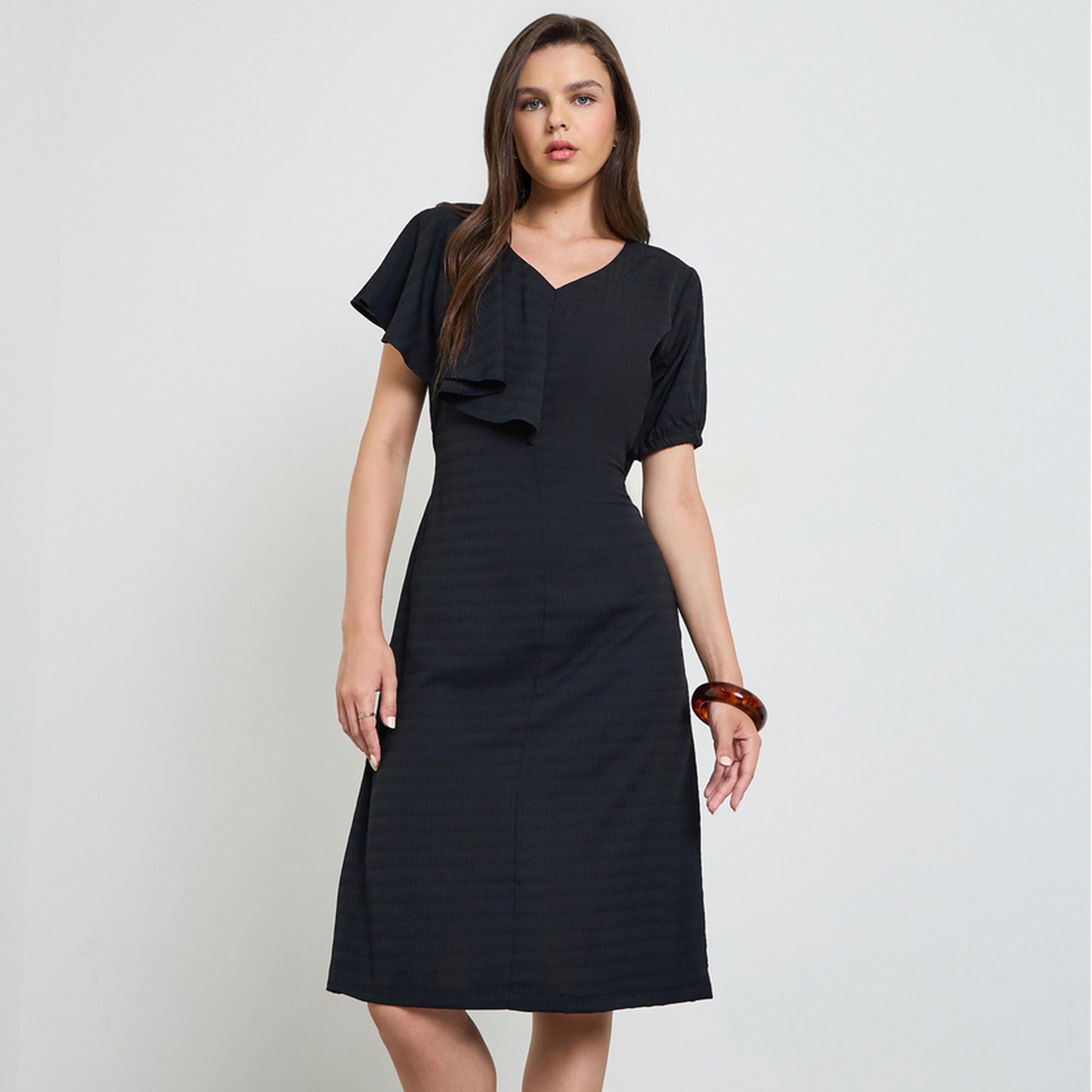 Maxim Creation X Styli Black Textured Knee Length Dress with Frill Detail-women-clothing-dresses-image-1