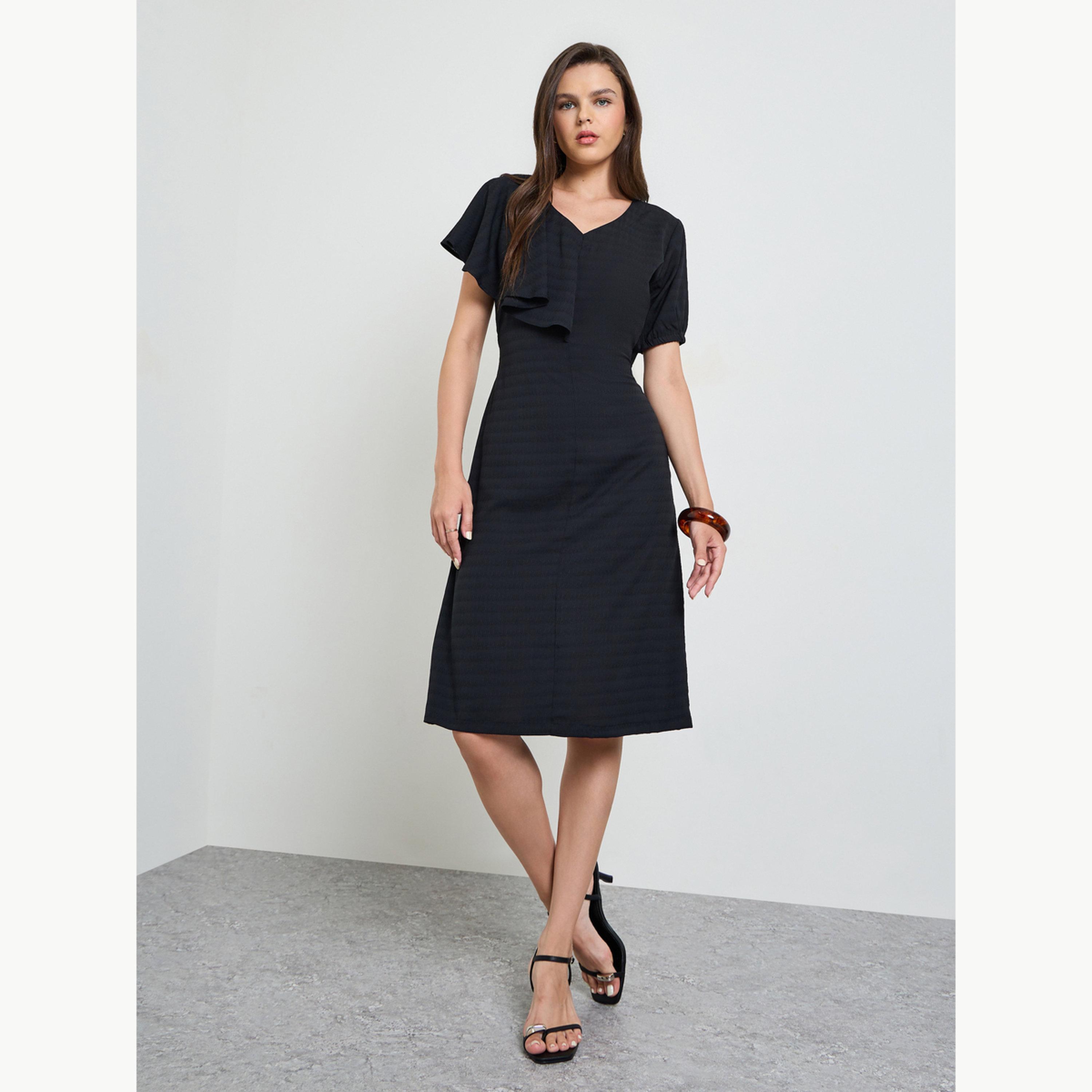 Maxim Creation X Styli Black Textured Knee Length Dress with Frill Detail-women-clothing-dresses-image-2