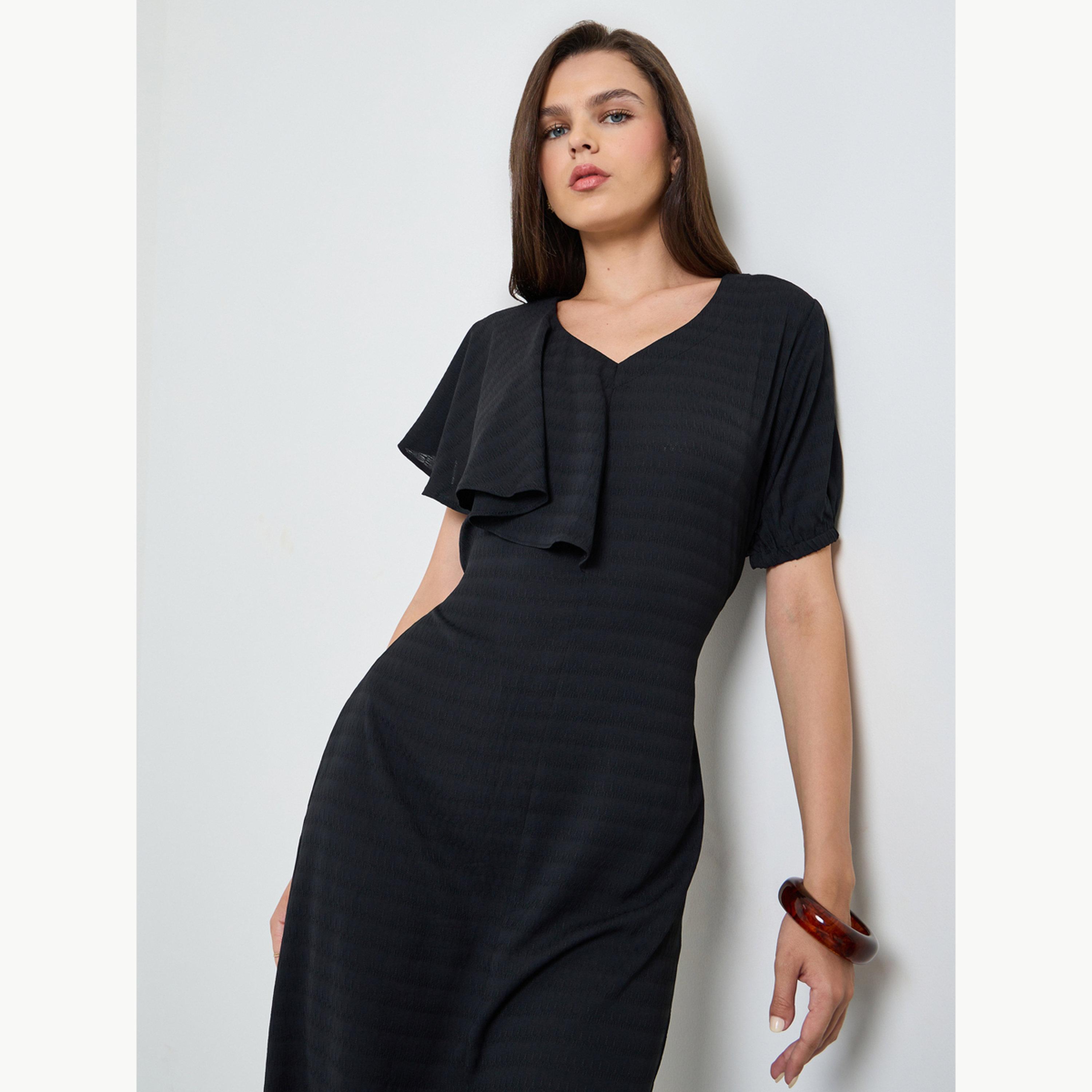 Maxim Creation X Styli Black Textured Knee Length Dress with Frill Detail-women-clothing-dresses-image-3