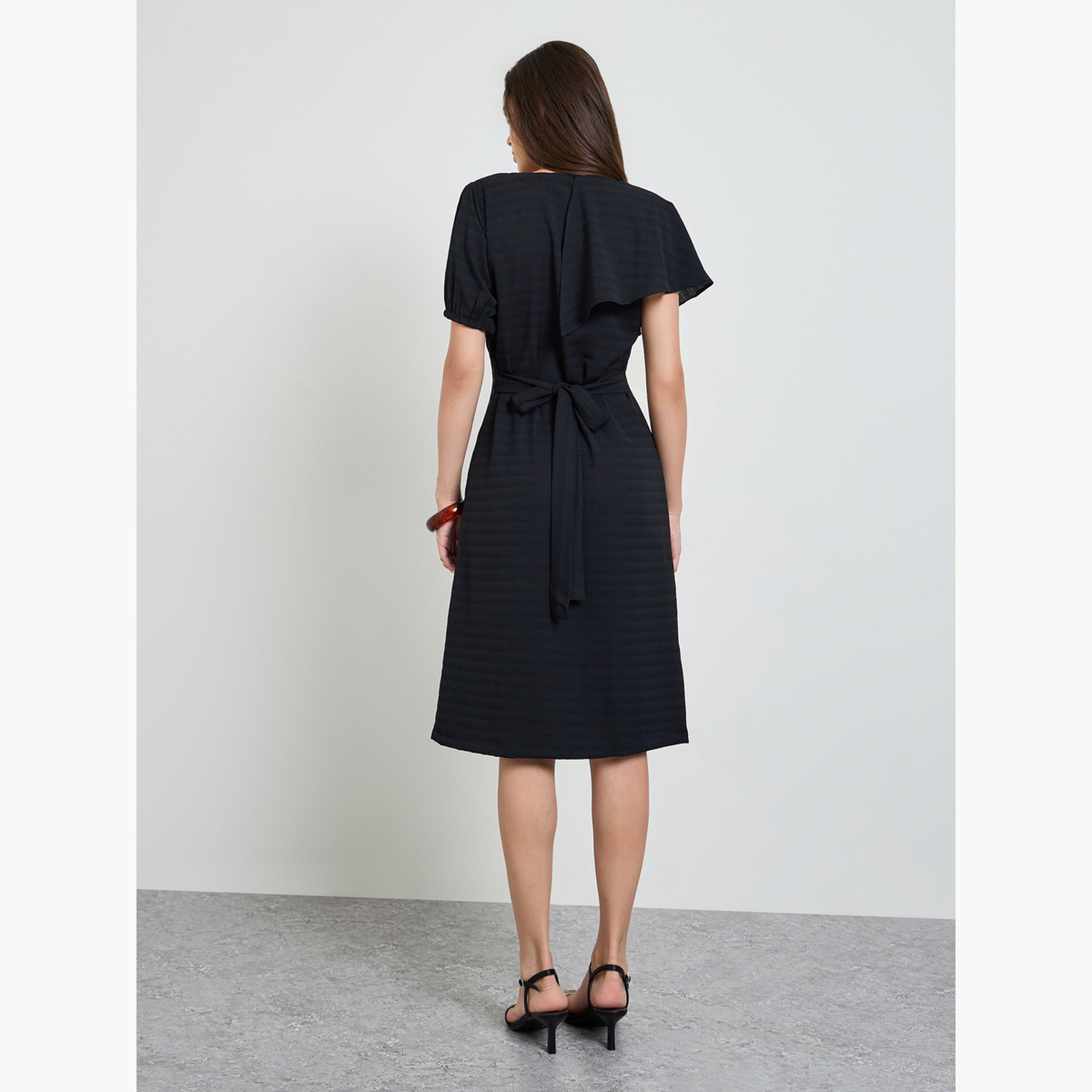 Maxim Creation X Styli Black Textured Knee Length Dress with Frill Detail-women-clothing-dresses-image-4