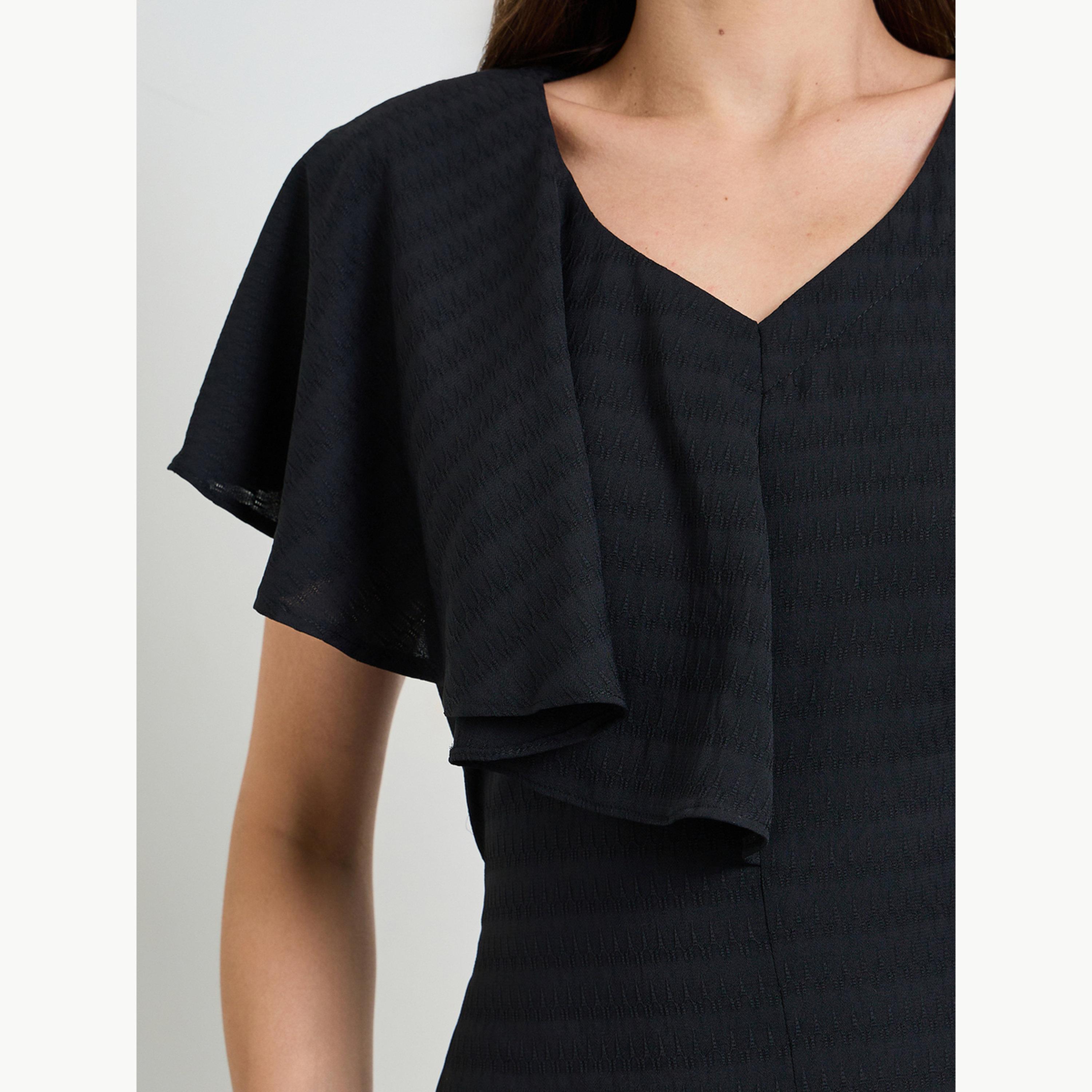 Maxim Creation X Styli Black Textured Knee Length Dress with Frill Detail-women-clothing-dresses-image-5