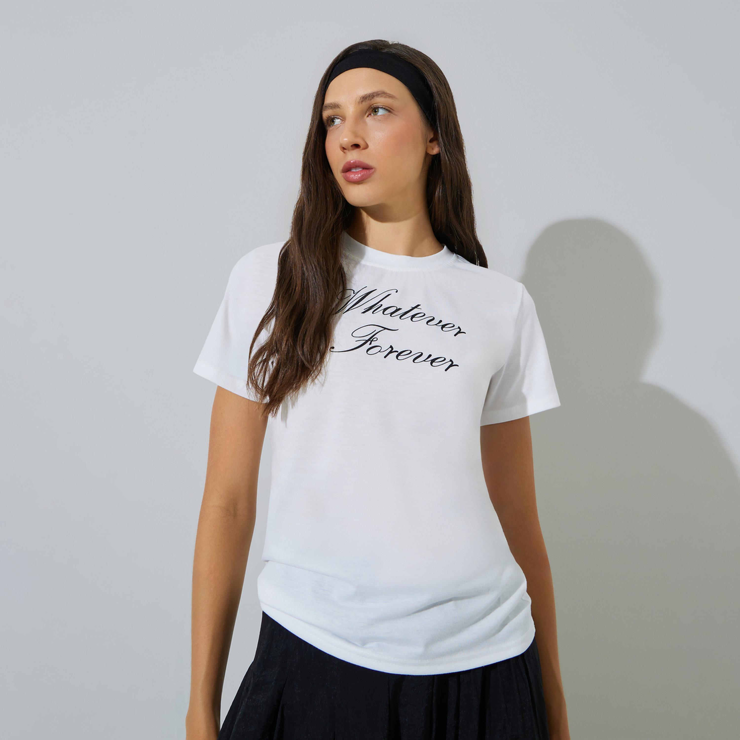 Styli White Slogan Print Round Neck T-Shirt-women-clothing-tshirts-image-1
