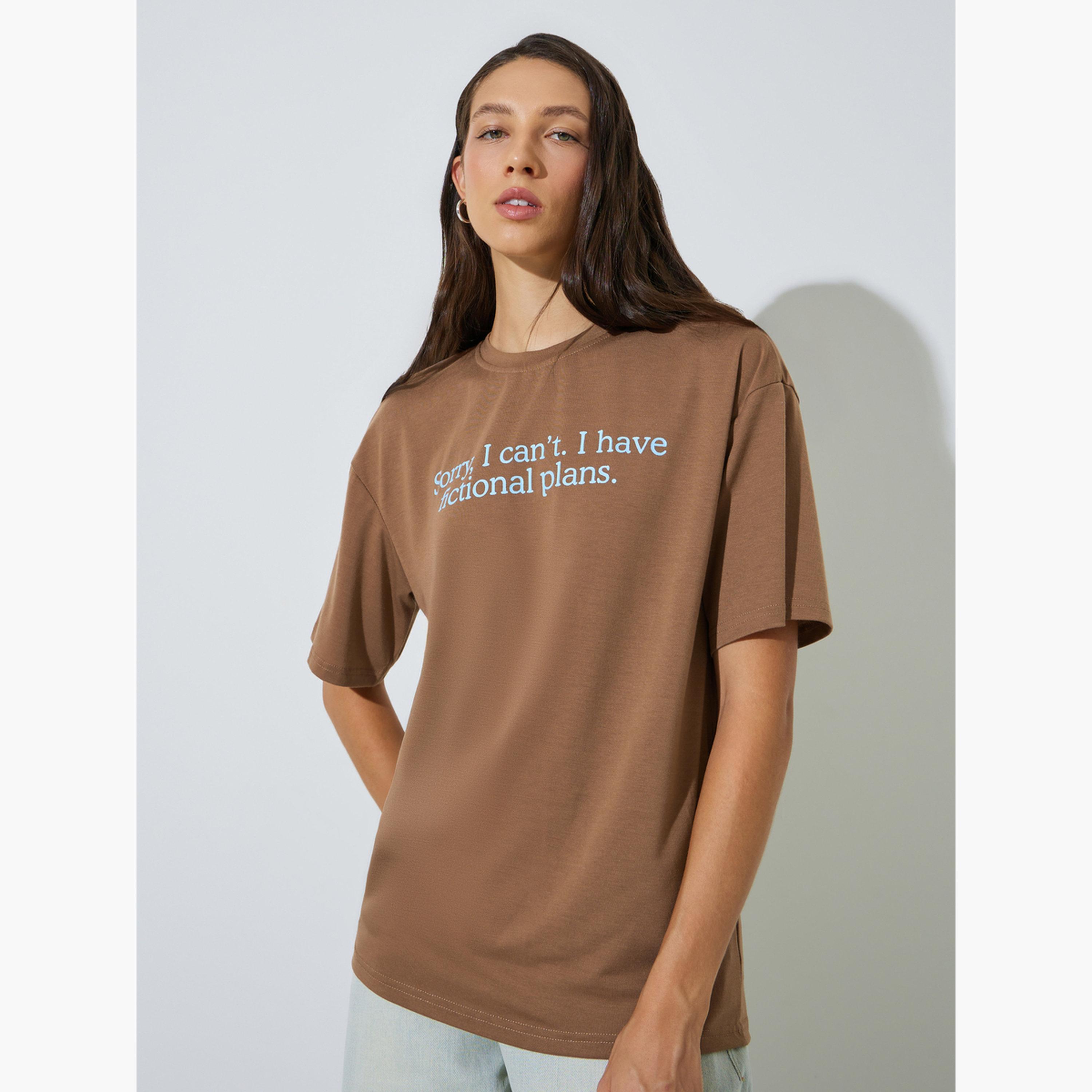Styli Brown Oversized Slogan Print T-Shirt-women-clothing-tshirts-image-1