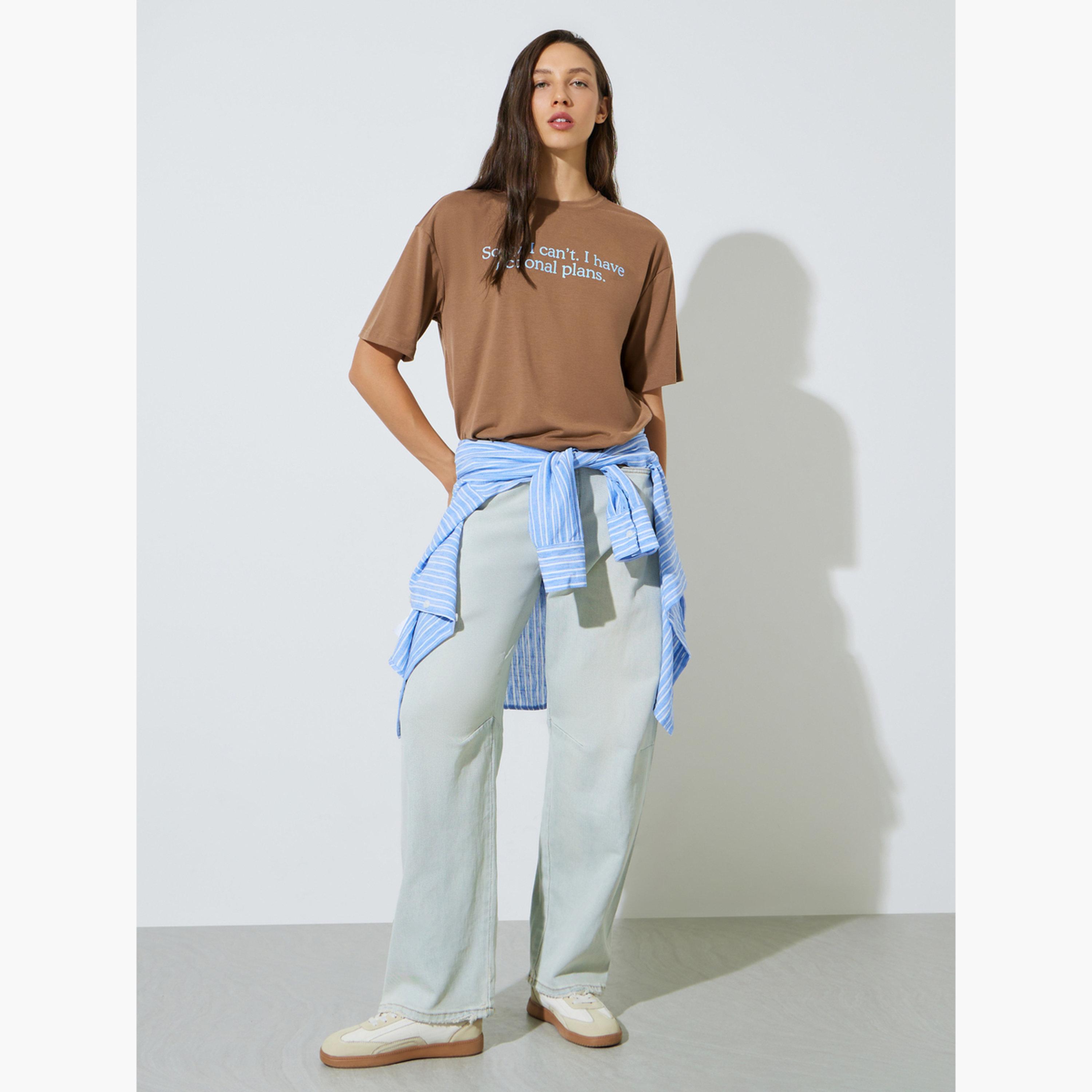 Styli Brown Oversized Slogan Print T-Shirt-women-clothing-tshirts-image-2