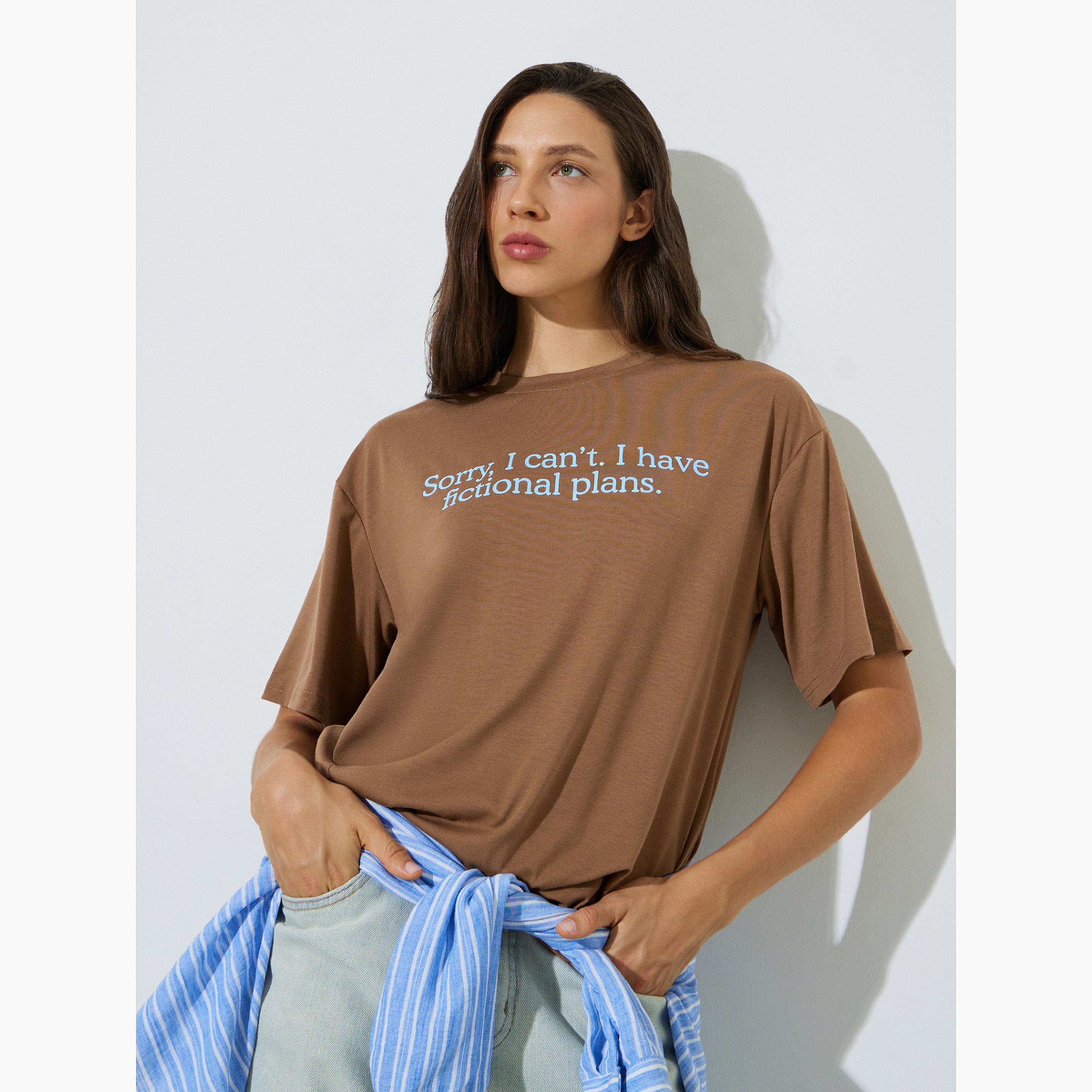 Styli Brown Oversized Slogan Print T-Shirt-women-clothing-tshirts-image-3
