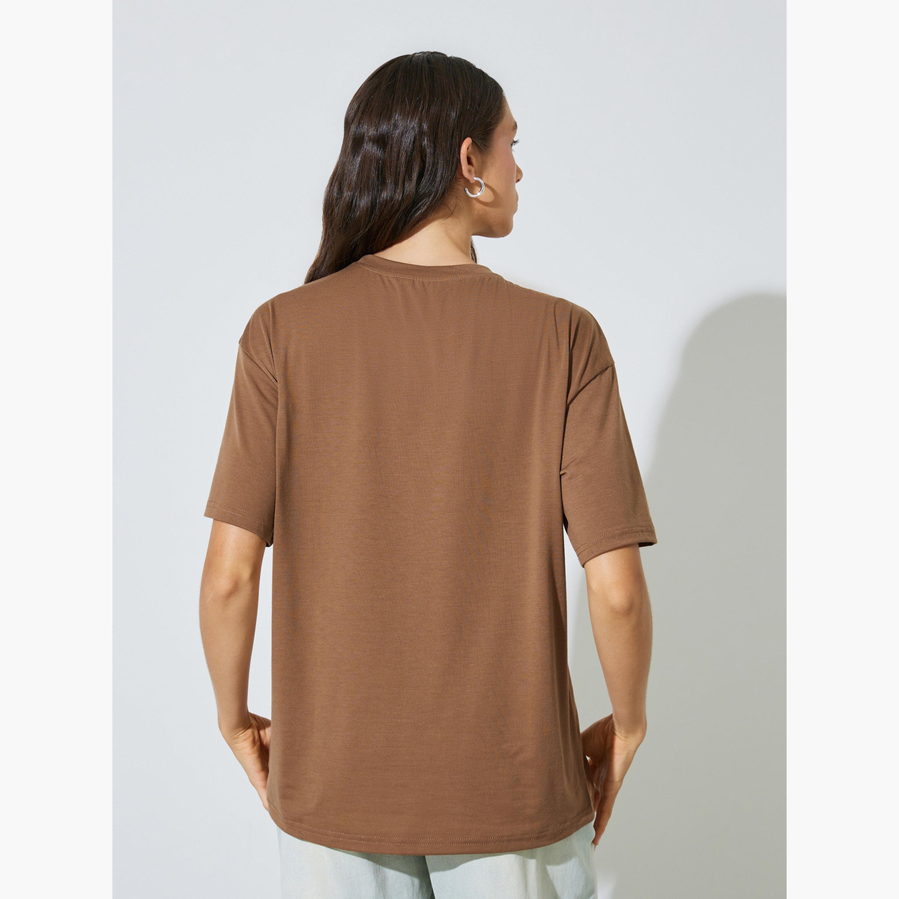 Styli Brown Oversized Slogan Print T-Shirt-women-clothing-tshirts-image-4
