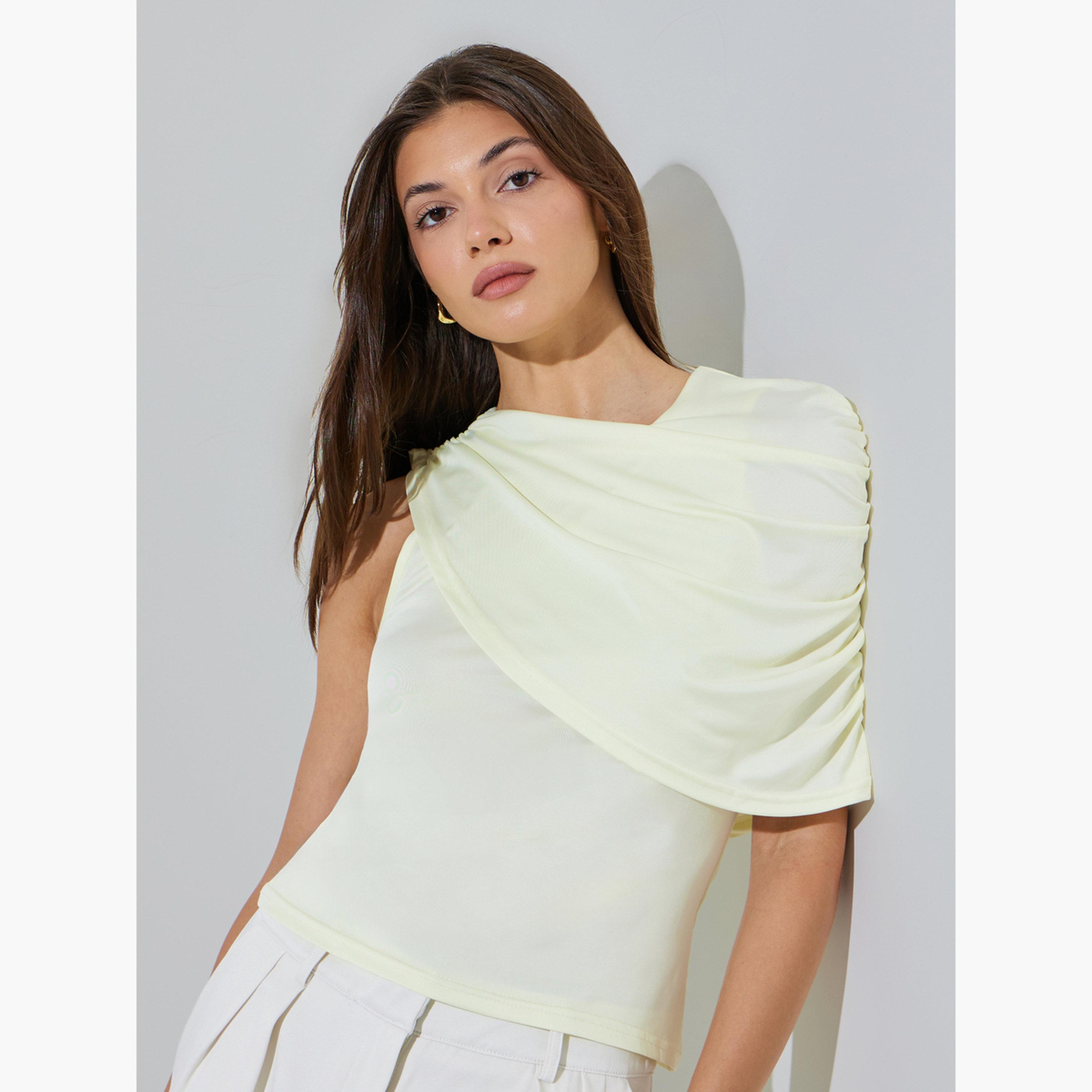 Styli Yellow One-Shoulder Ruched Knit Top-women-clothing-shirtsandblouses-blouses-image-1