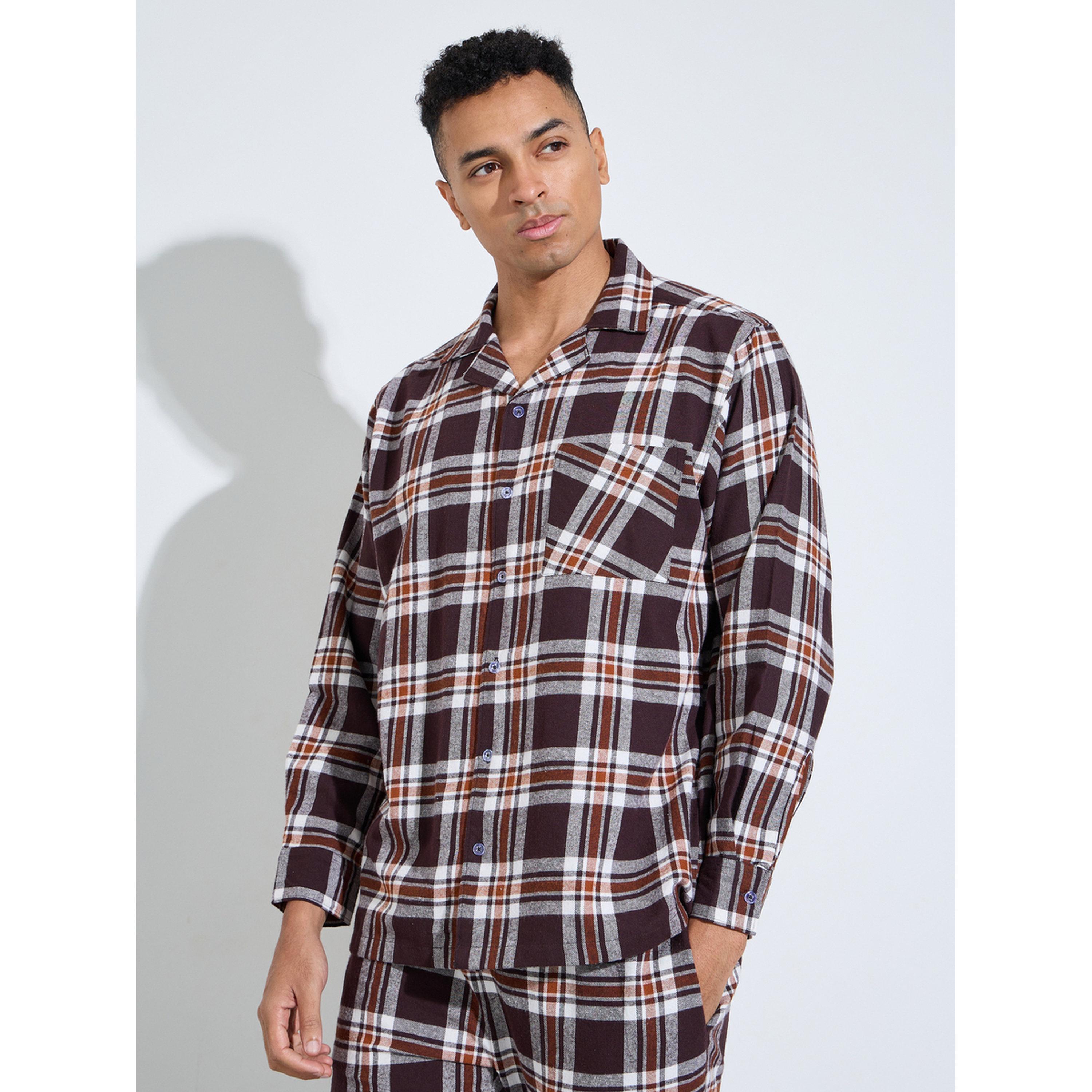 Styli Brown Checked Relaxed Fit Long Sleeves Shirt and Straight Leg Pants Pyjama Set-men-clothing-nightwear-sets-image-2