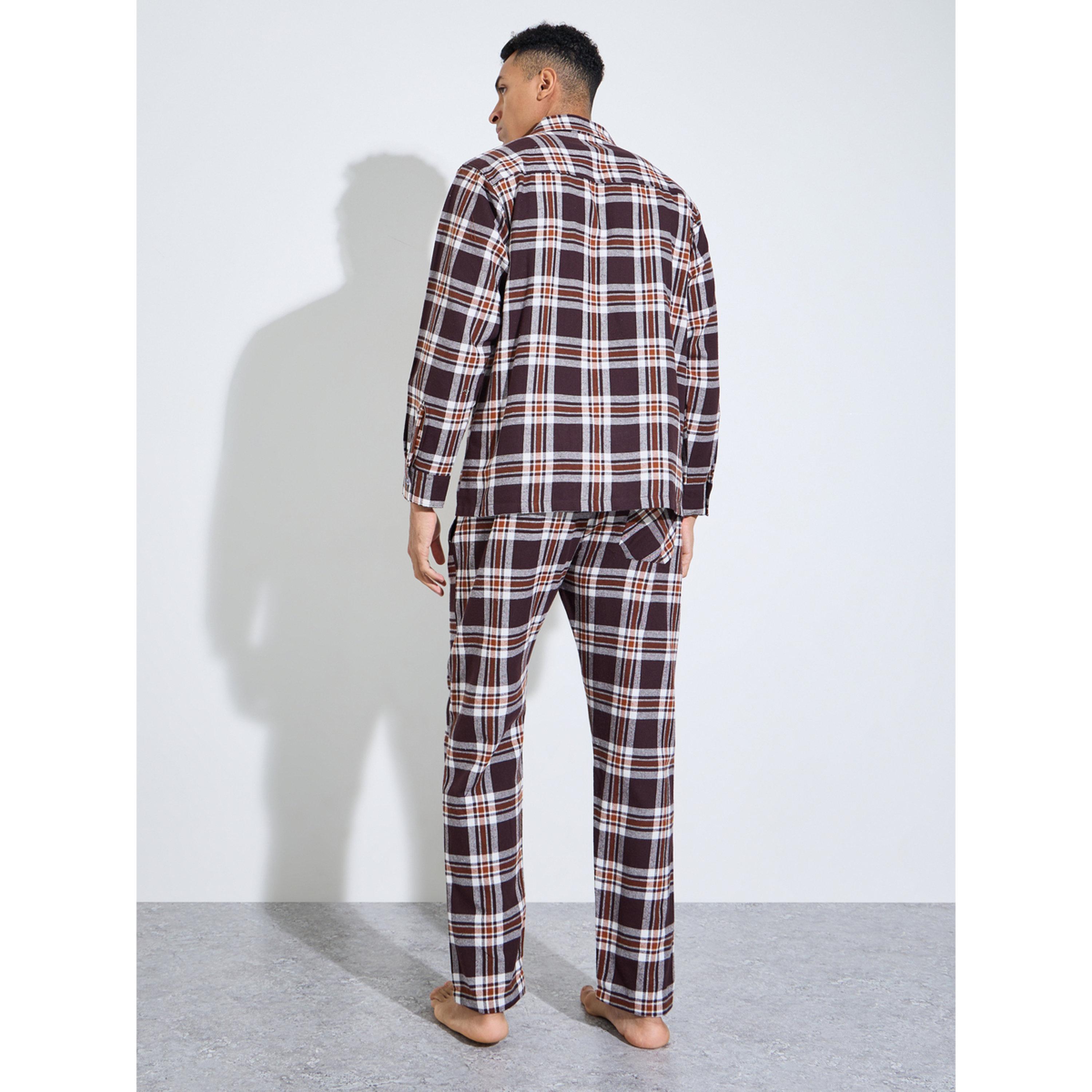 Styli Brown Checked Relaxed Fit Long Sleeves Shirt and Straight Leg Pants Pyjama Set-men-clothing-nightwear-sets-image-3