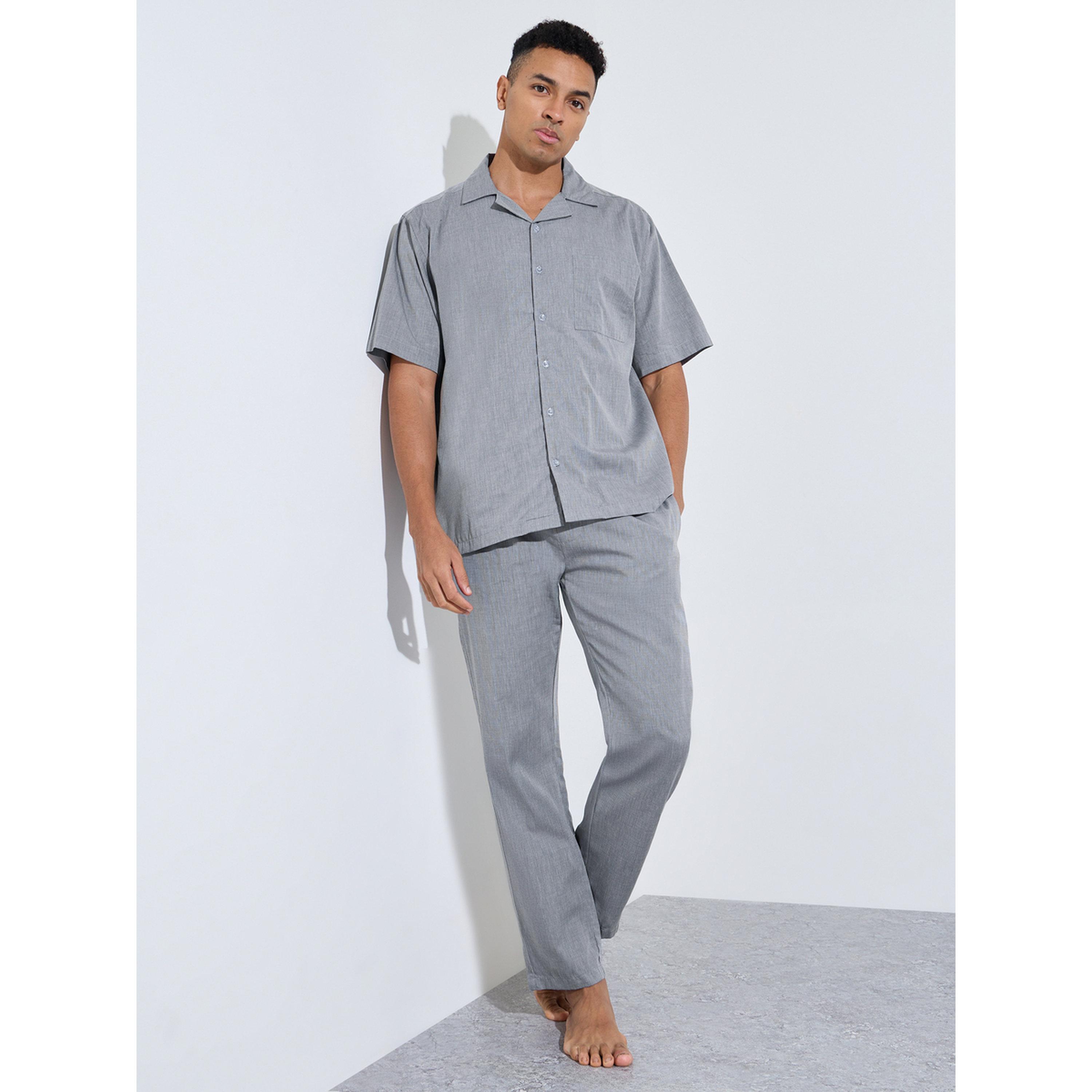 Styli Grey Solid Short Sleeves Shirt and Straight Leg Pants Pyjama Set-men-clothing-nightwear-sets-image-1