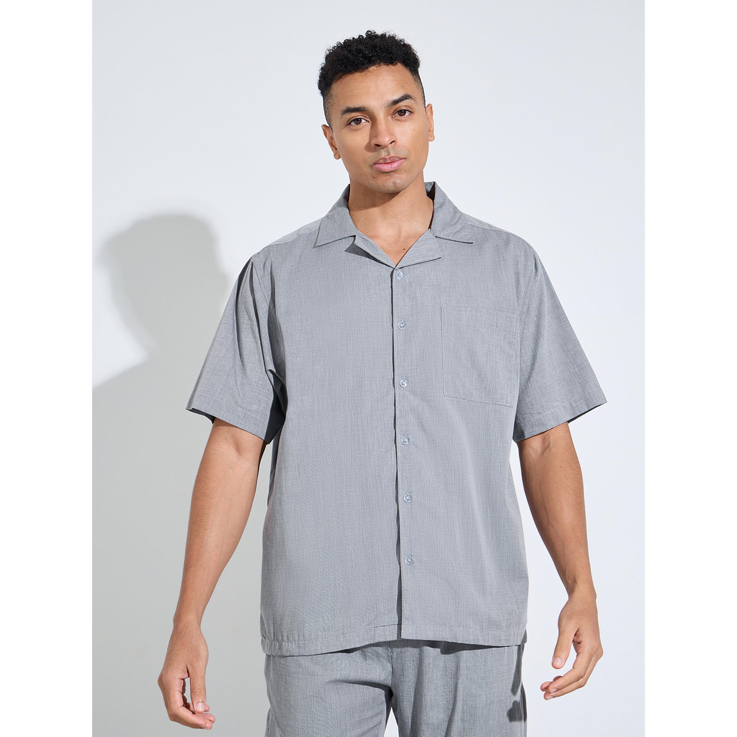 Styli Grey Solid Short Sleeves Shirt and Straight Leg Pants Pyjama Set-men-clothing-nightwear-sets-image-2
