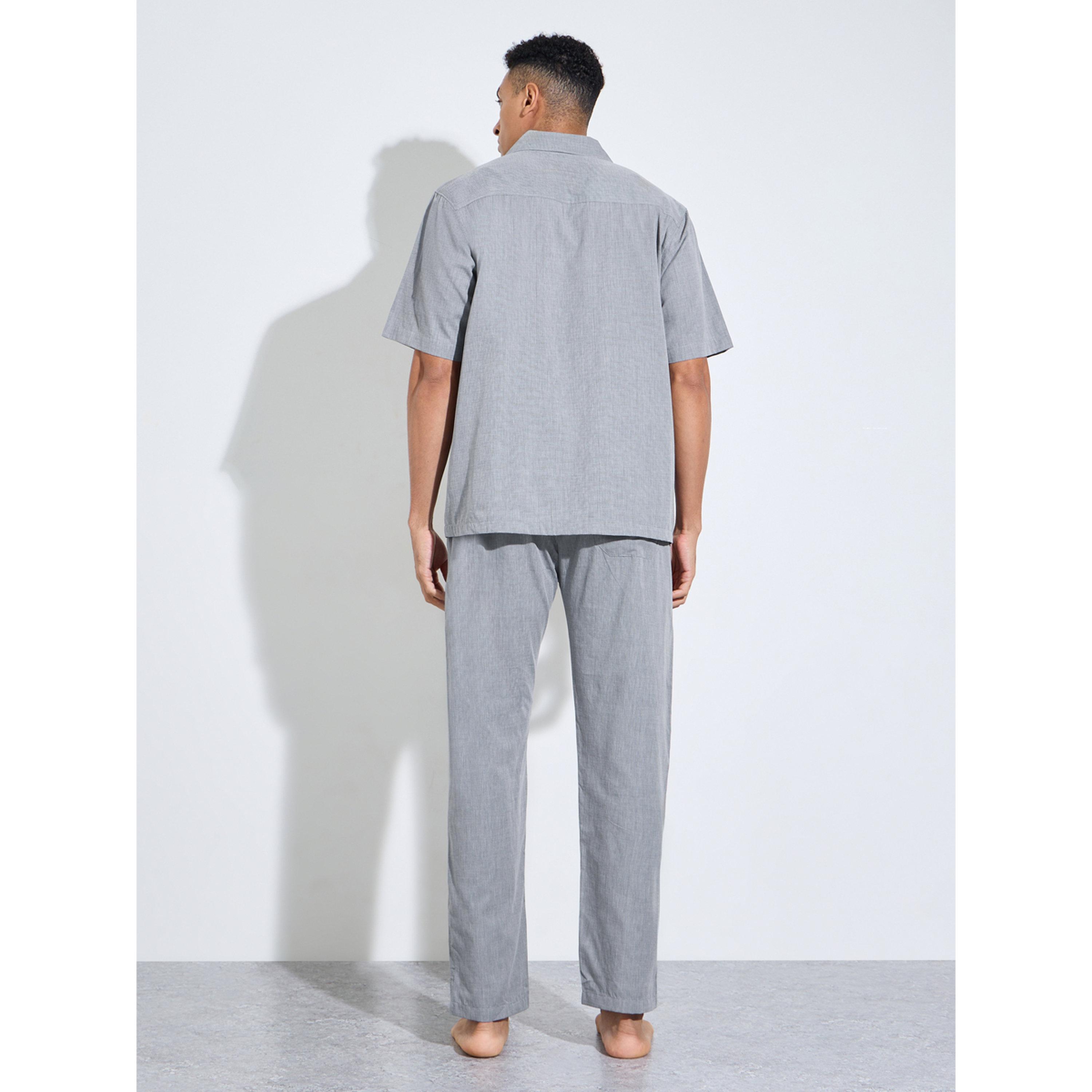 Styli Grey Solid Short Sleeves Shirt and Straight Leg Pants Pyjama Set-men-clothing-nightwear-sets-image-3