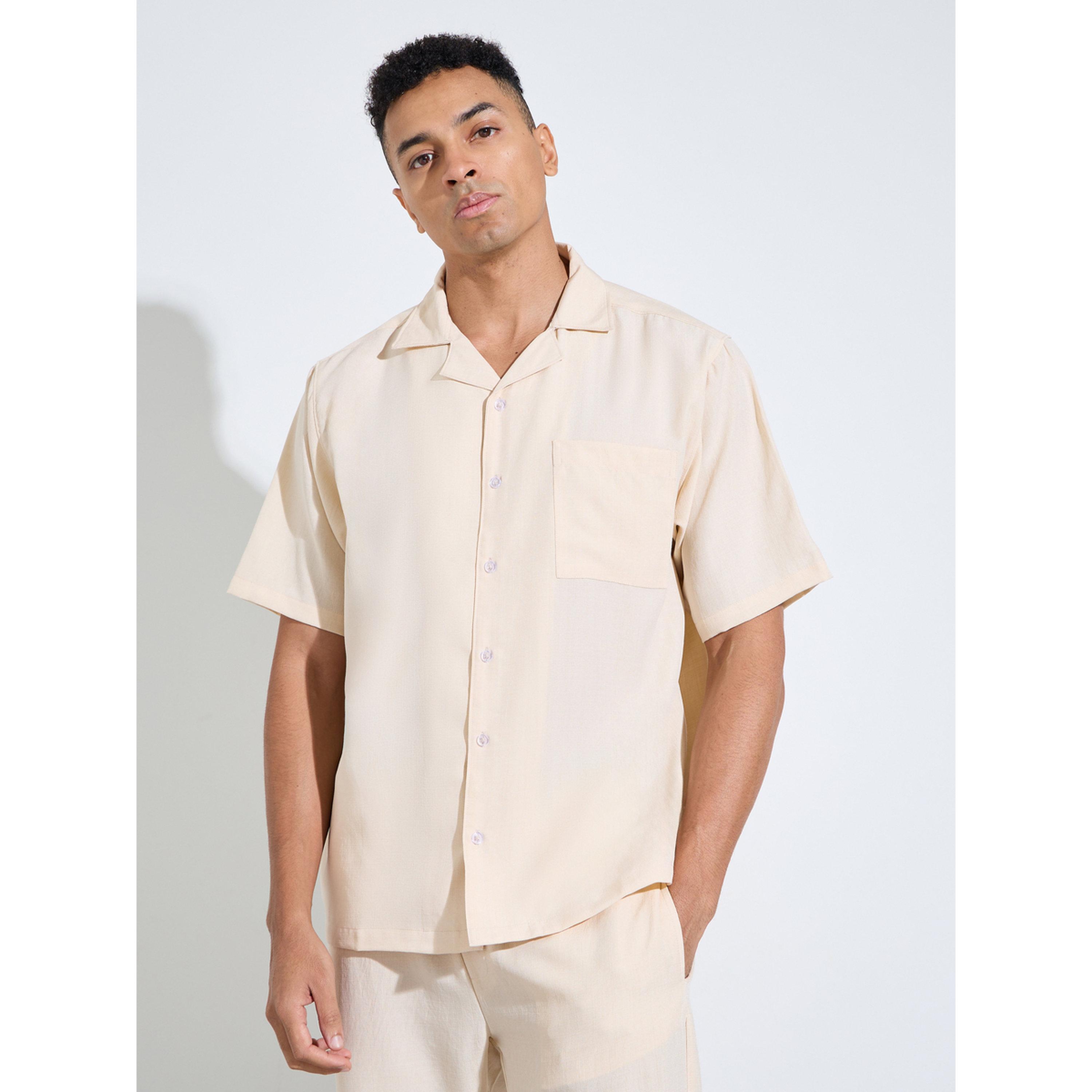 طقم بيجاما من بنطال بقصة مستقيمة وقميص بتفاصيل جيوب باللون الكريمي-men-clothing-nightwear-sets-image-2