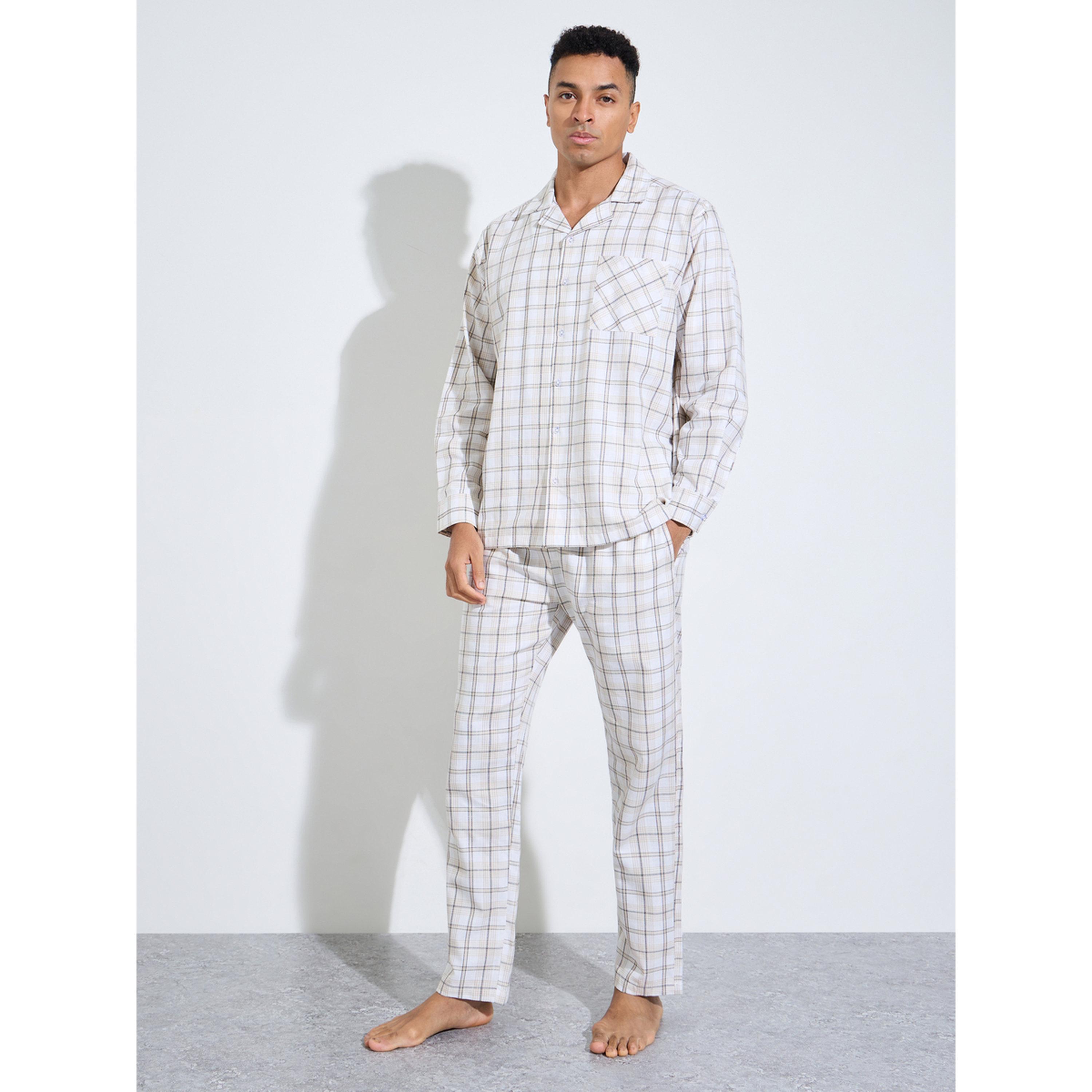 Styli Cream Checked Long Sleeves Shirt and Straight Leg Pants Pyjama Set-men-clothing-nightwear-sets-image-1