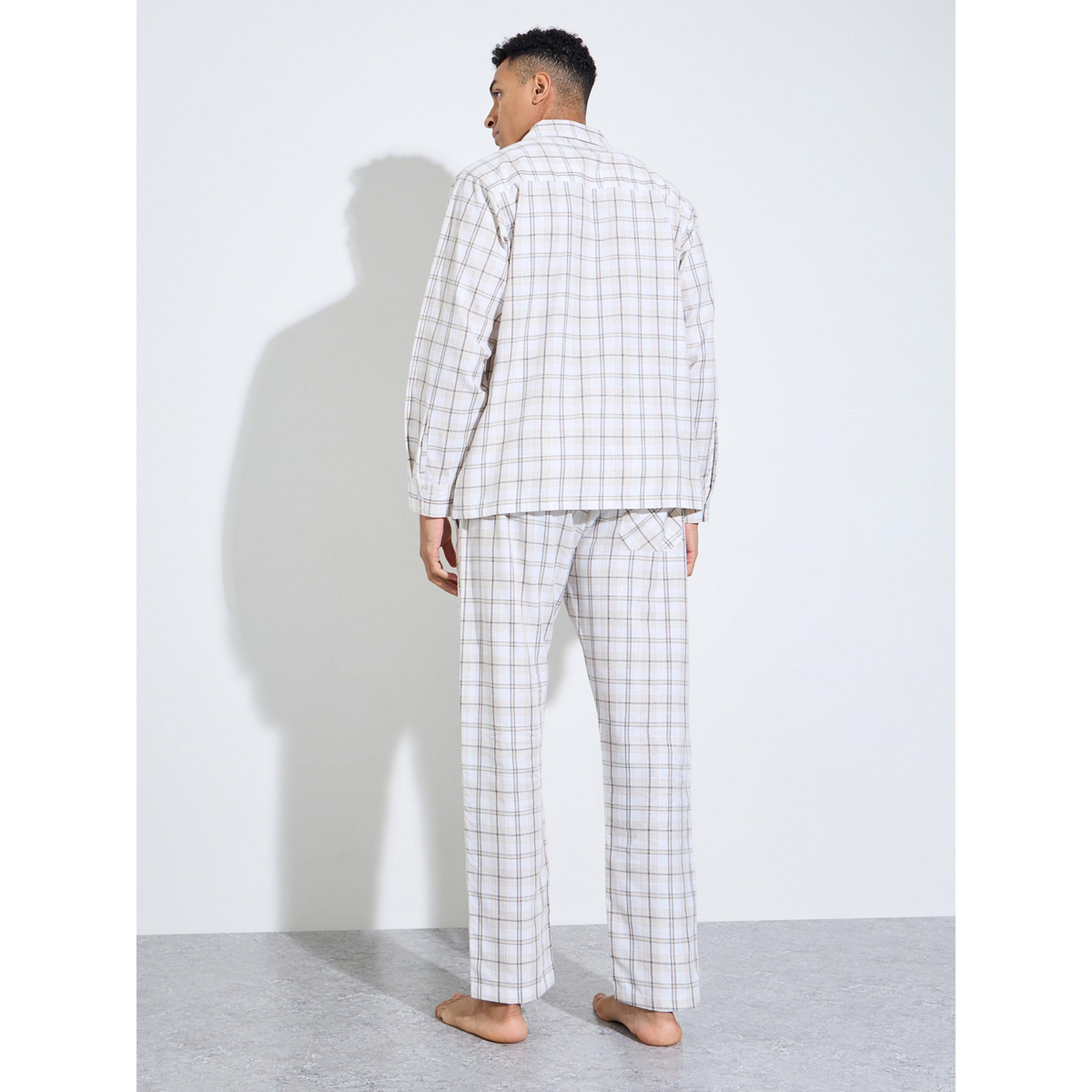 Styli Cream Checked Long Sleeves Shirt and Straight Leg Pants Pyjama Set-men-clothing-nightwear-sets-image-2