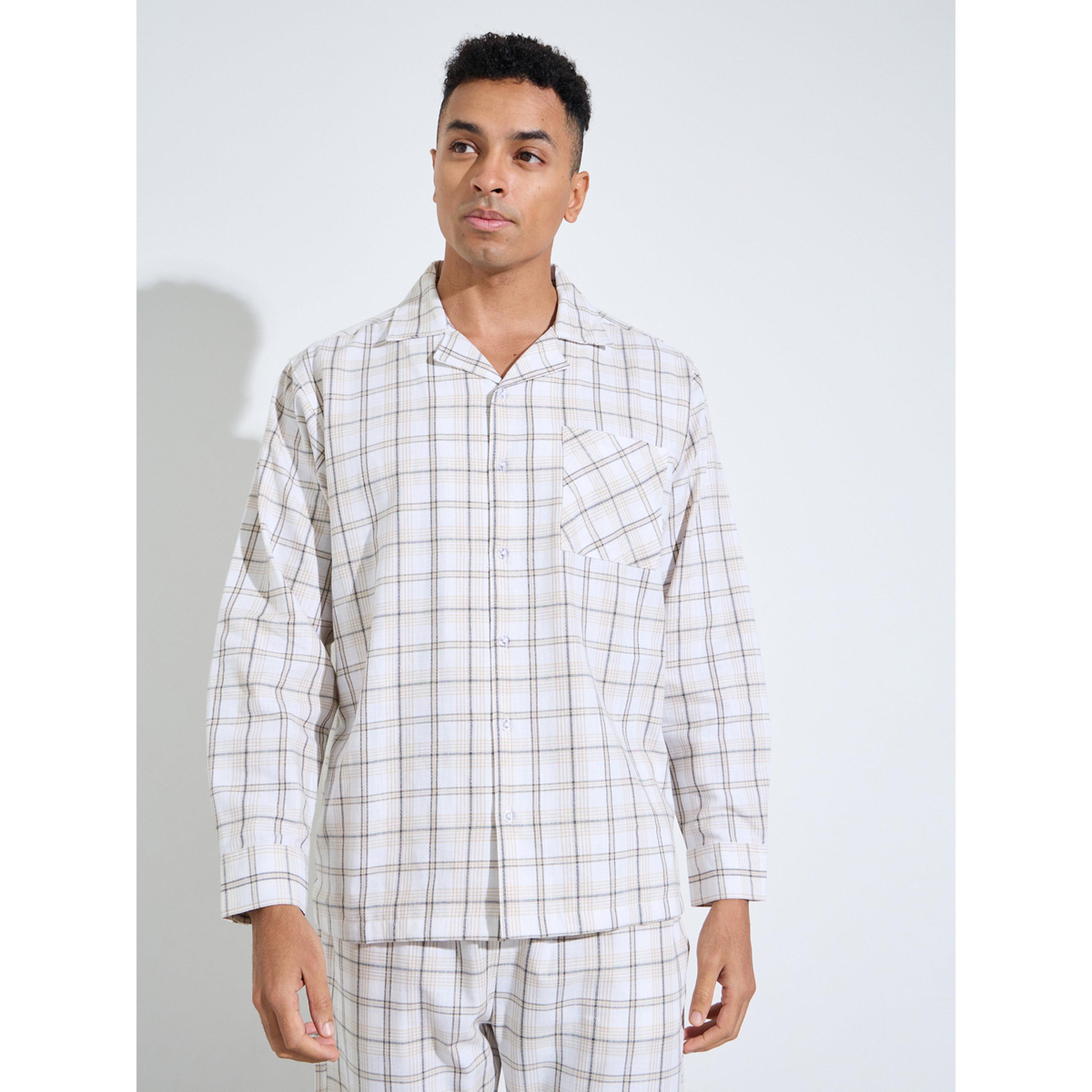 Styli Cream Checked Long Sleeves Shirt and Straight Leg Pants Pyjama Set-men-clothing-nightwear-sets-image-3