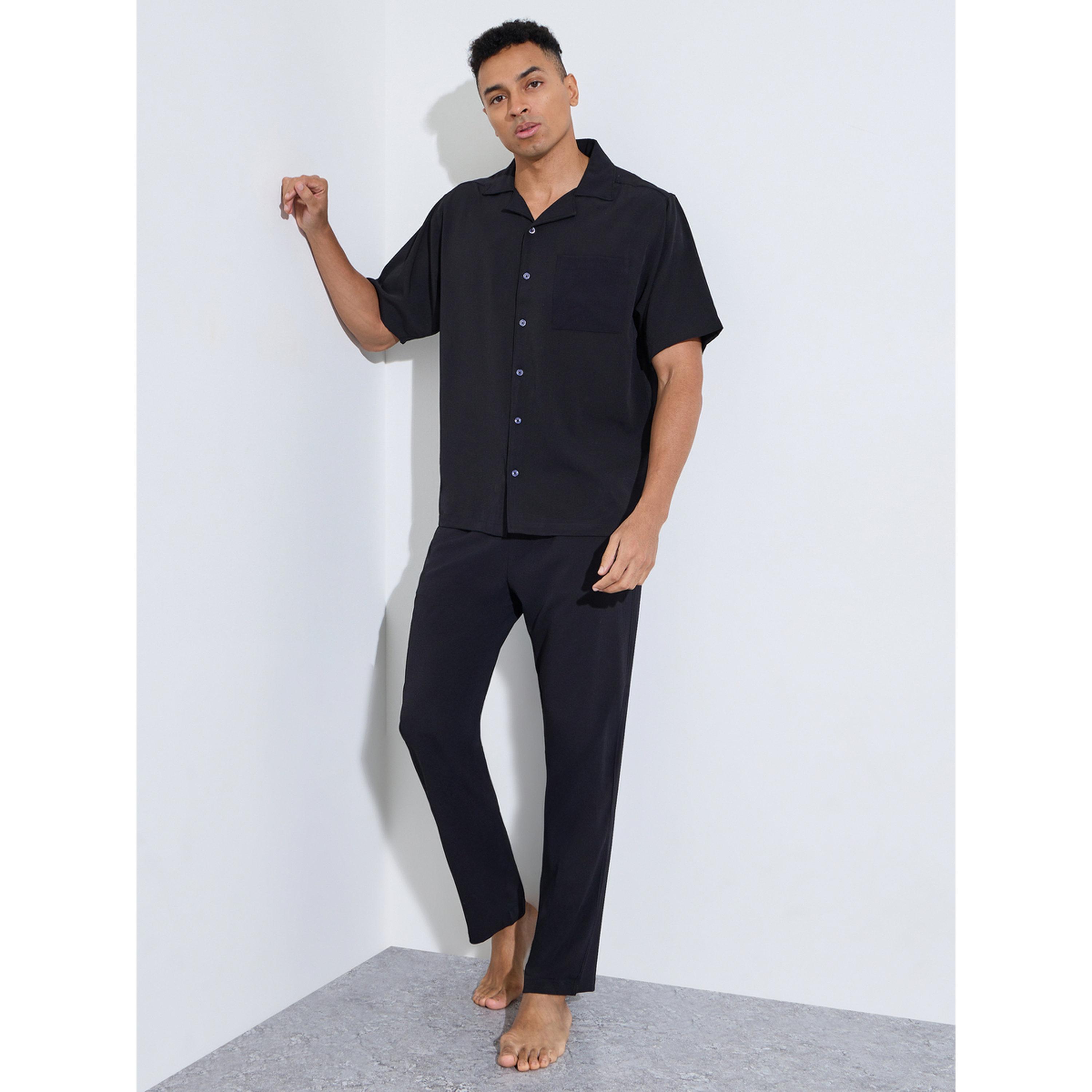 Styli Charcoal Solid Pocket Detail Shirt and Straight Leg Pants Pyjama Set-men-clothing-nightwear-sets-image-1
