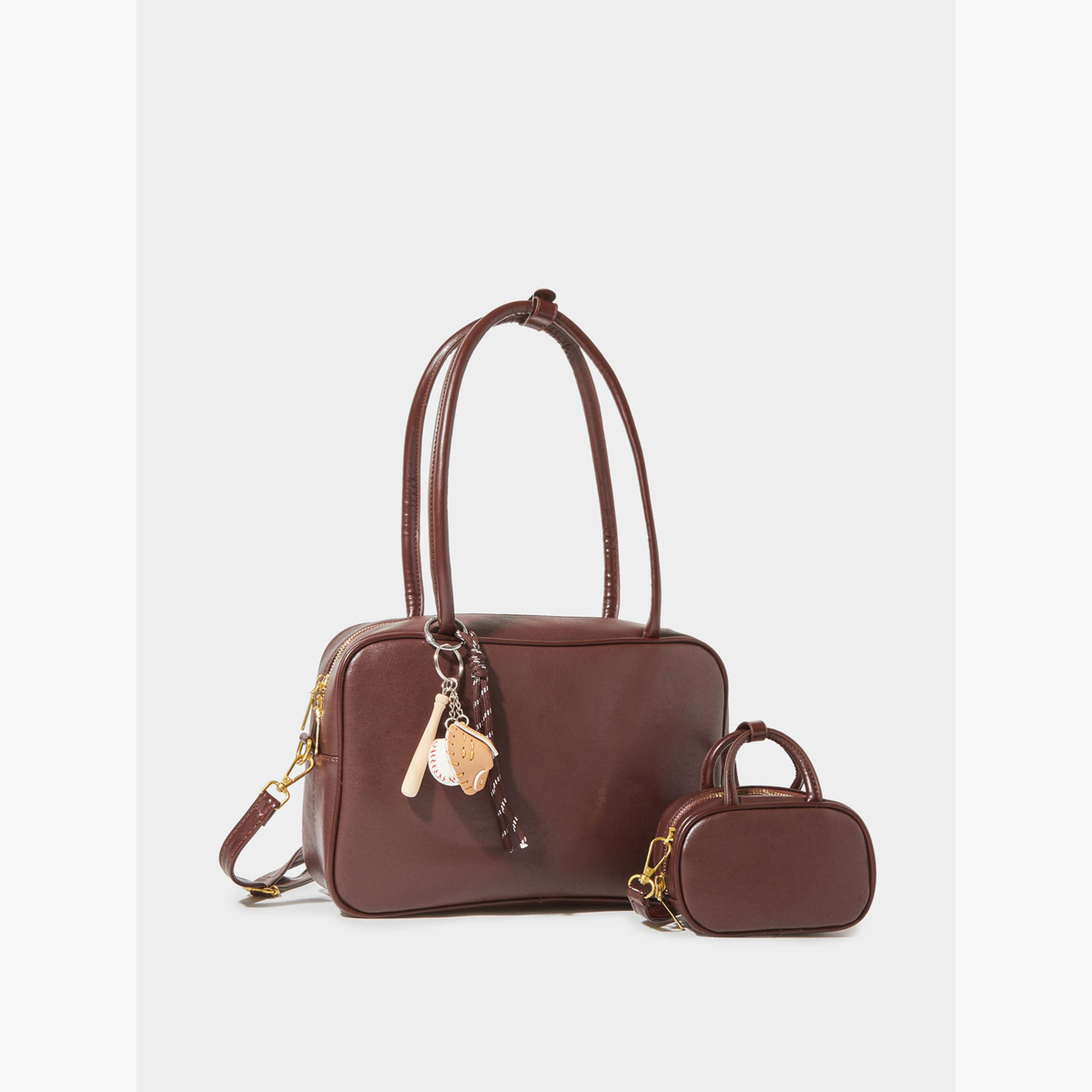Styli Brown Charm Detail Bowling Bag with Mini Purse-women-bagsandwallets-handbags-image-1