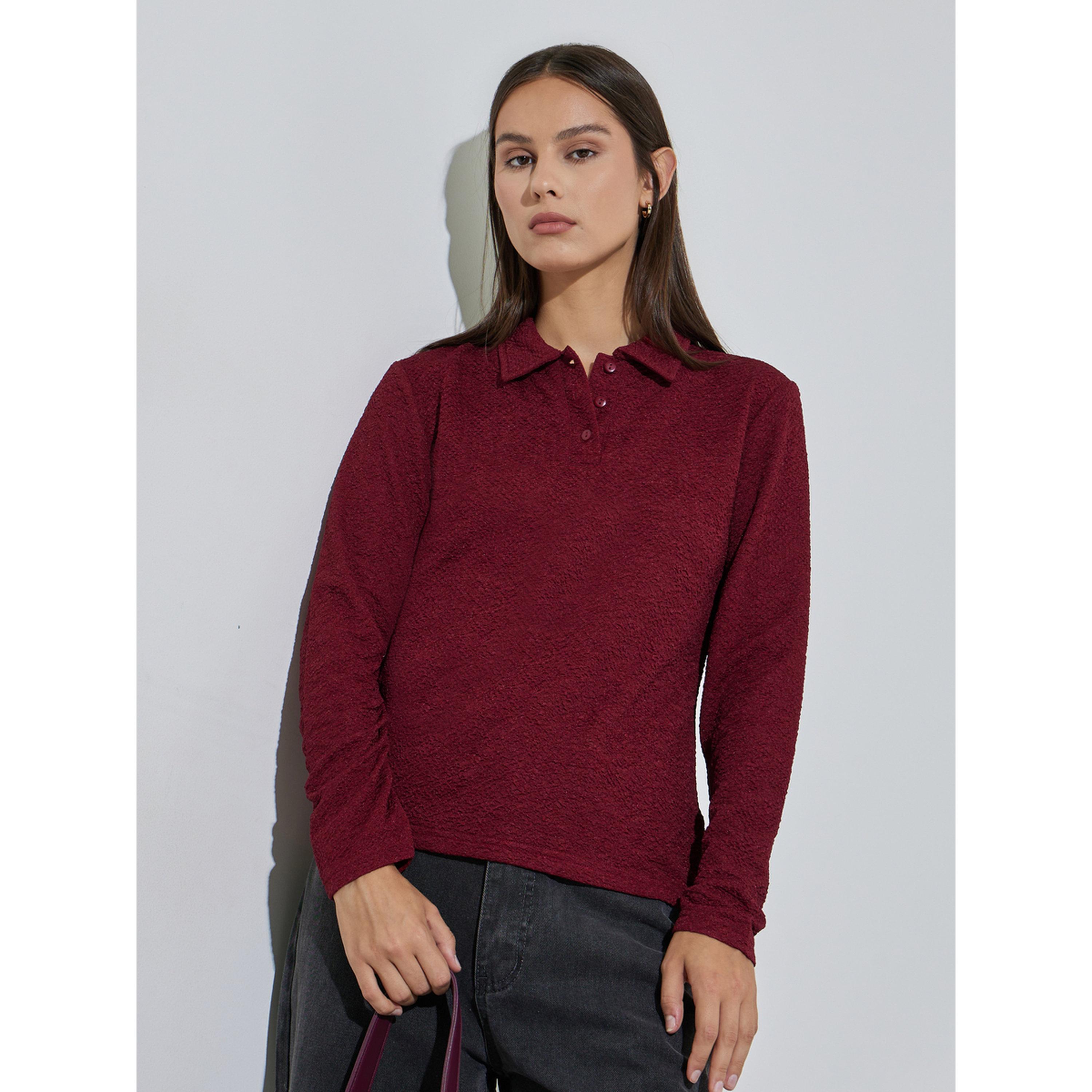 Styli Burgundy Long Sleeve Textured Knit Polo Top-women-clothing-shirtsandblouses-blouses-image-1