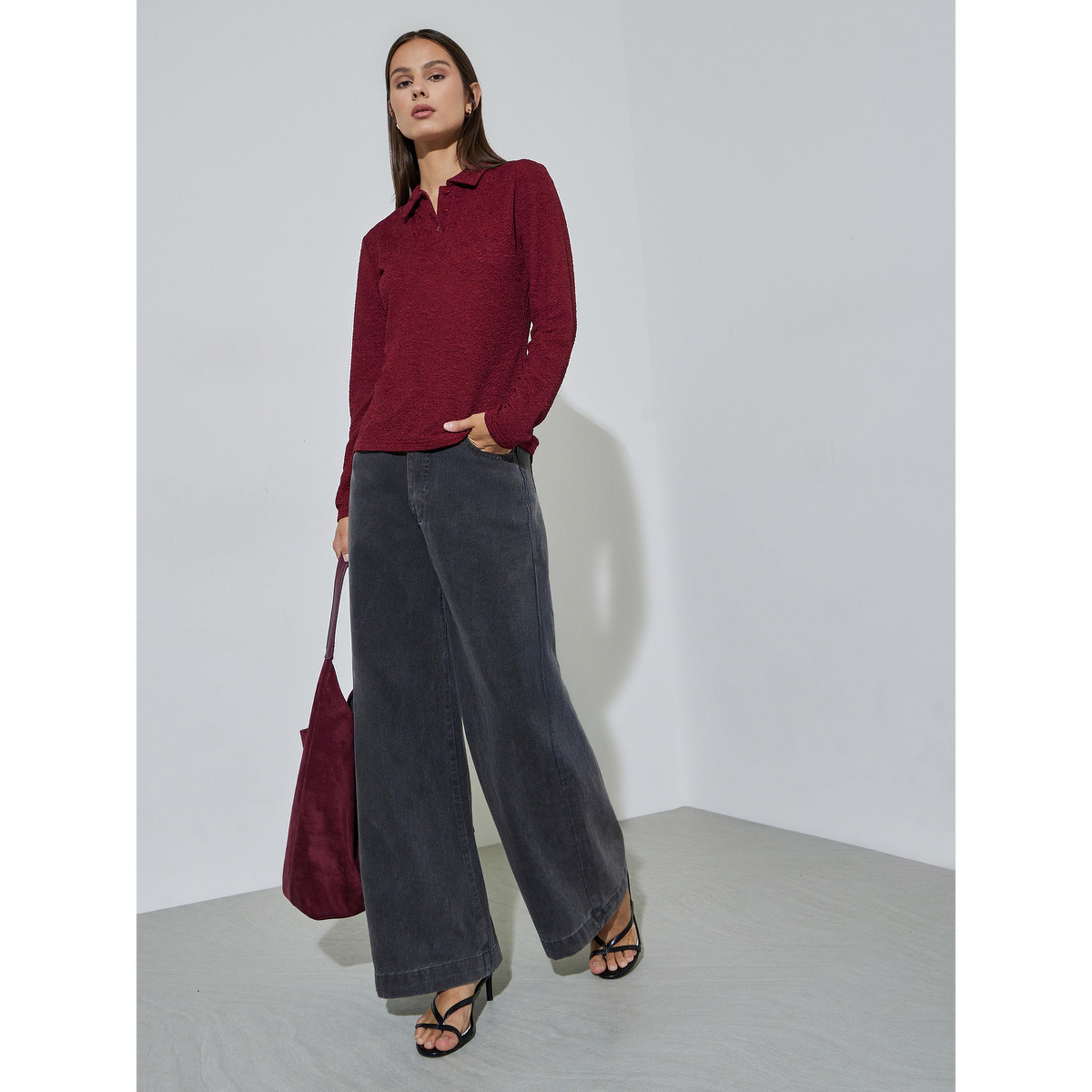 Styli Burgundy Long Sleeve Textured Knit Polo Top-women-clothing-shirtsandblouses-blouses-image-2