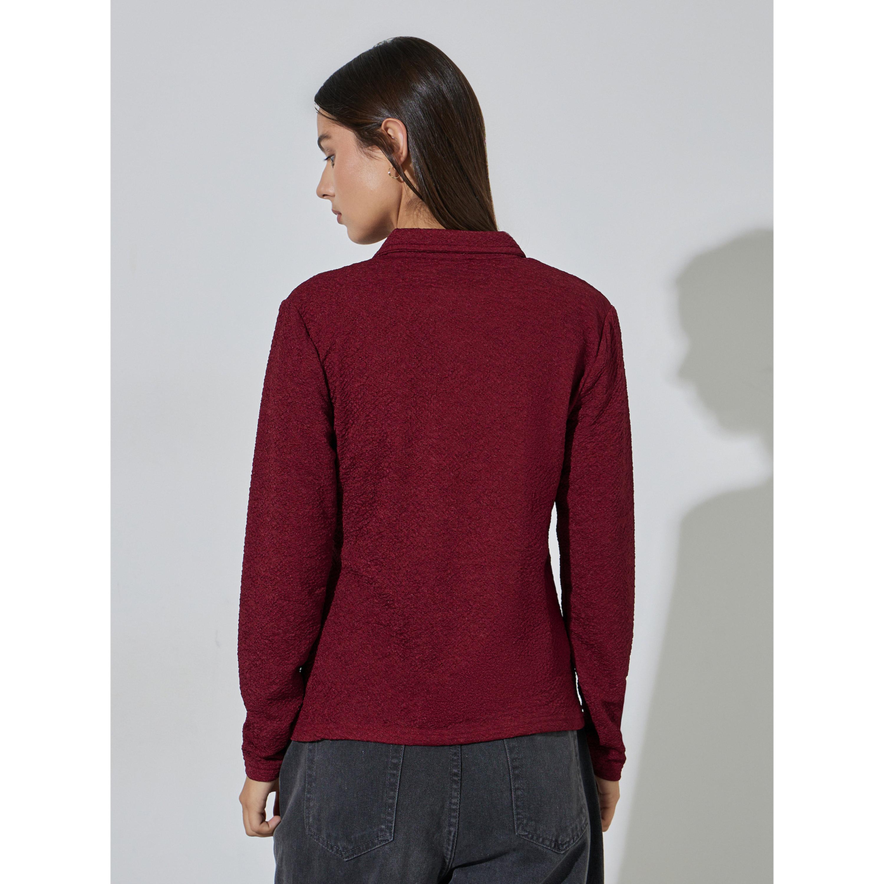 Styli Burgundy Long Sleeve Textured Knit Polo Top-women-clothing-shirtsandblouses-blouses-image-3