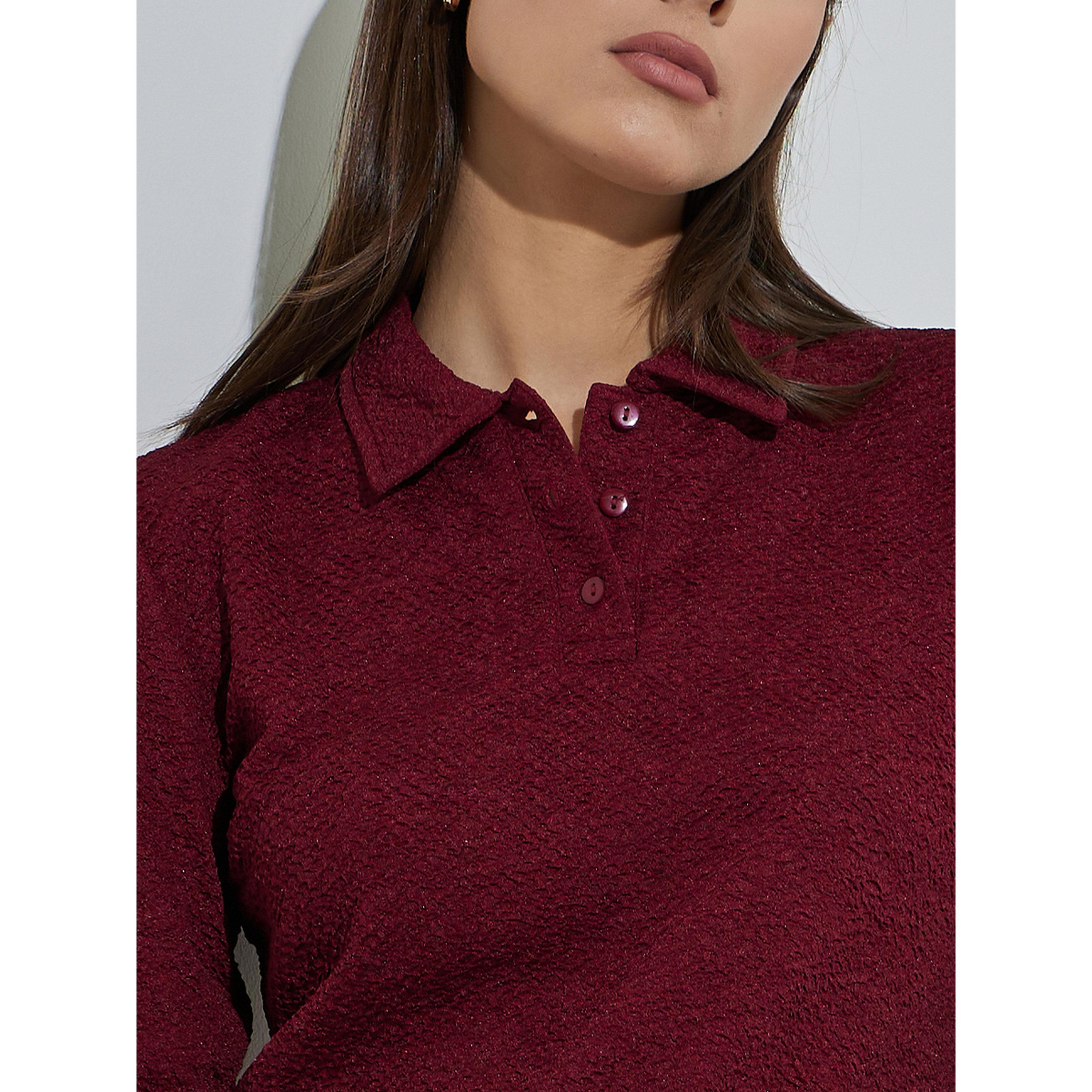 Styli Burgundy Long Sleeve Textured Knit Polo Top-women-clothing-shirtsandblouses-blouses-image-4