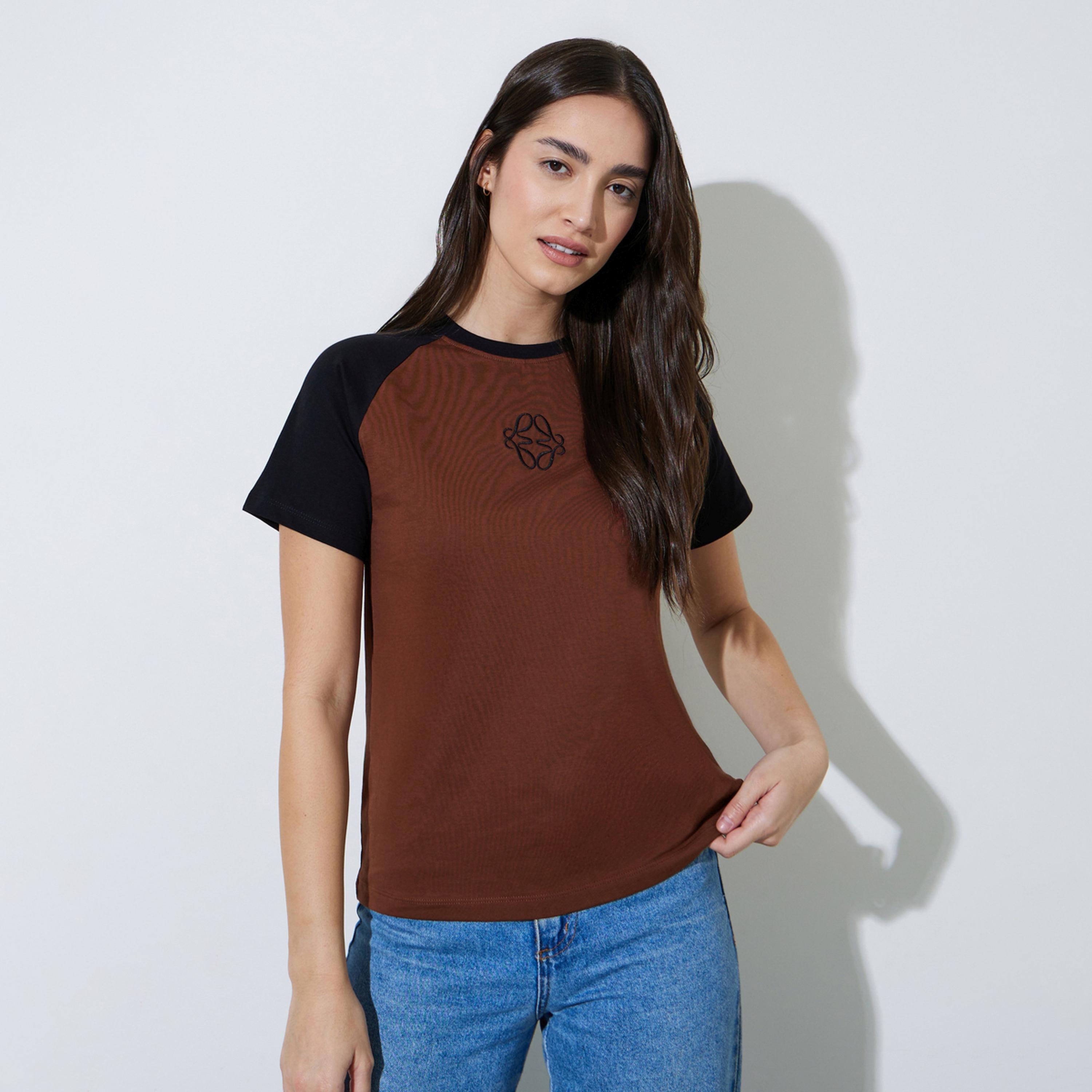 Styli Color Block Badge Embroidered Cotton Regular Fit T-Shirt-women-clothing-tshirts-image-1