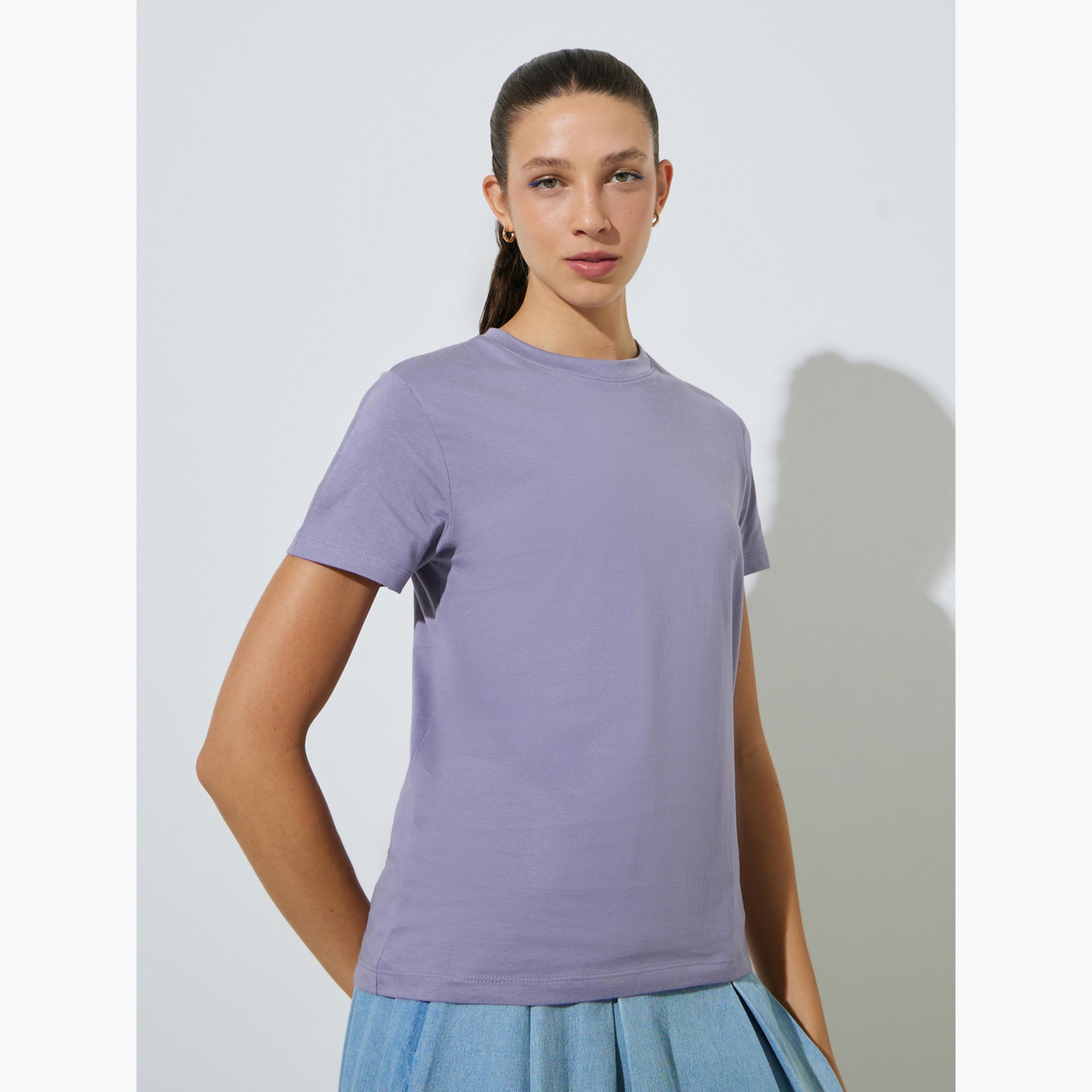 Styli Lilac Plain Cotton Regular Fit T-Shirt-women-clothing-tshirts-image-1