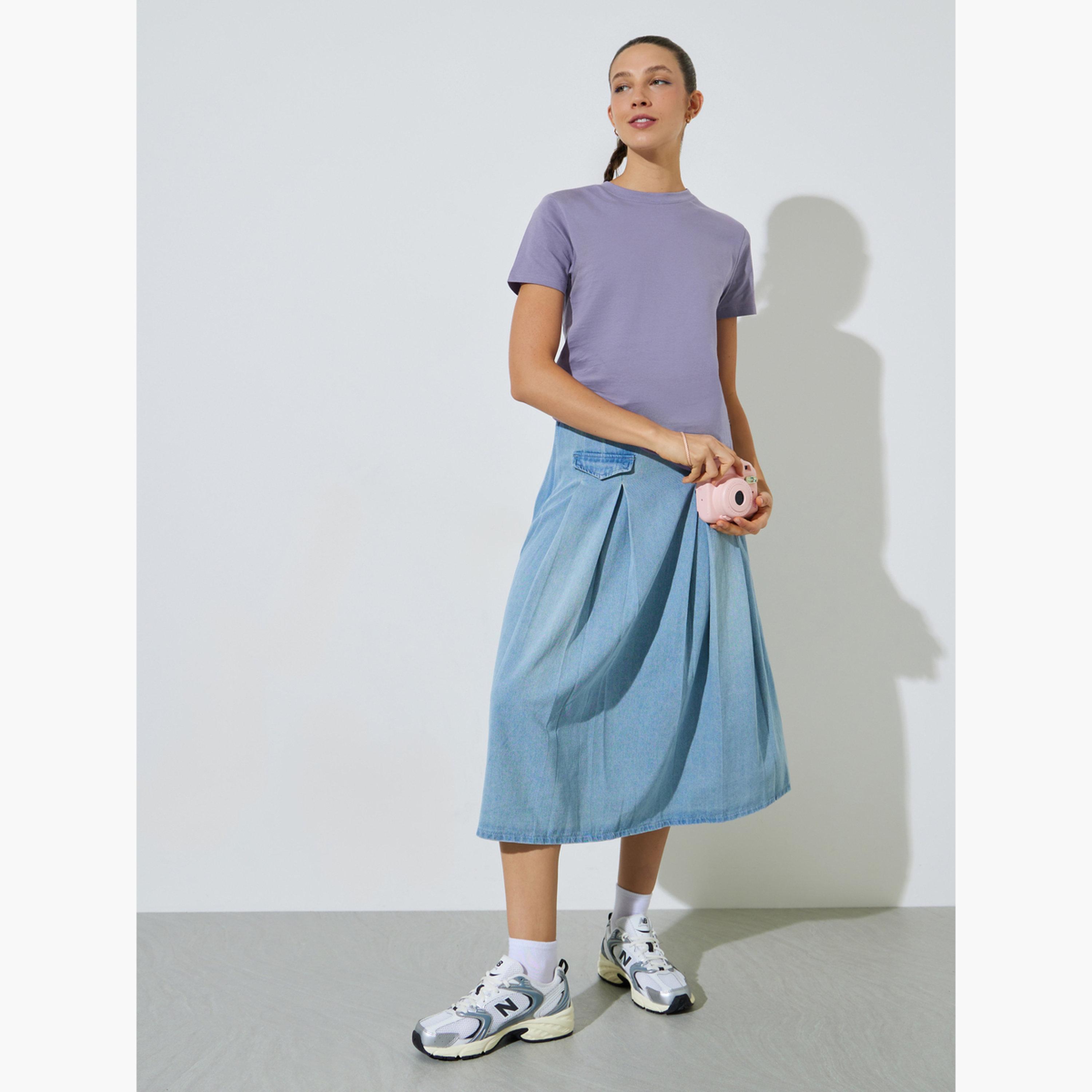 Styli Lilac Plain Cotton Regular Fit T-Shirt-women-clothing-tshirts-image-2