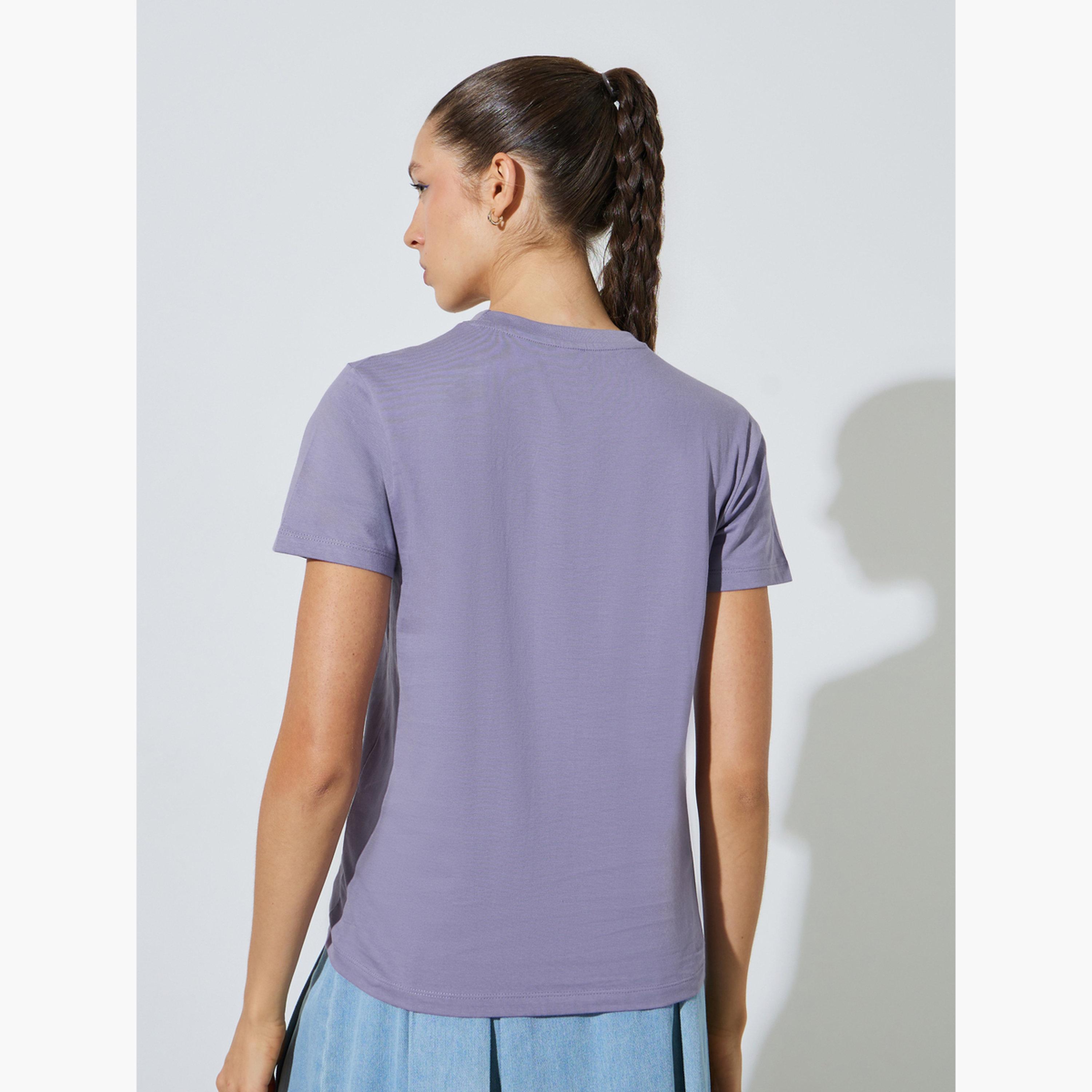 Styli Lilac Plain Cotton Regular Fit T-Shirt-women-clothing-tshirts-image-4