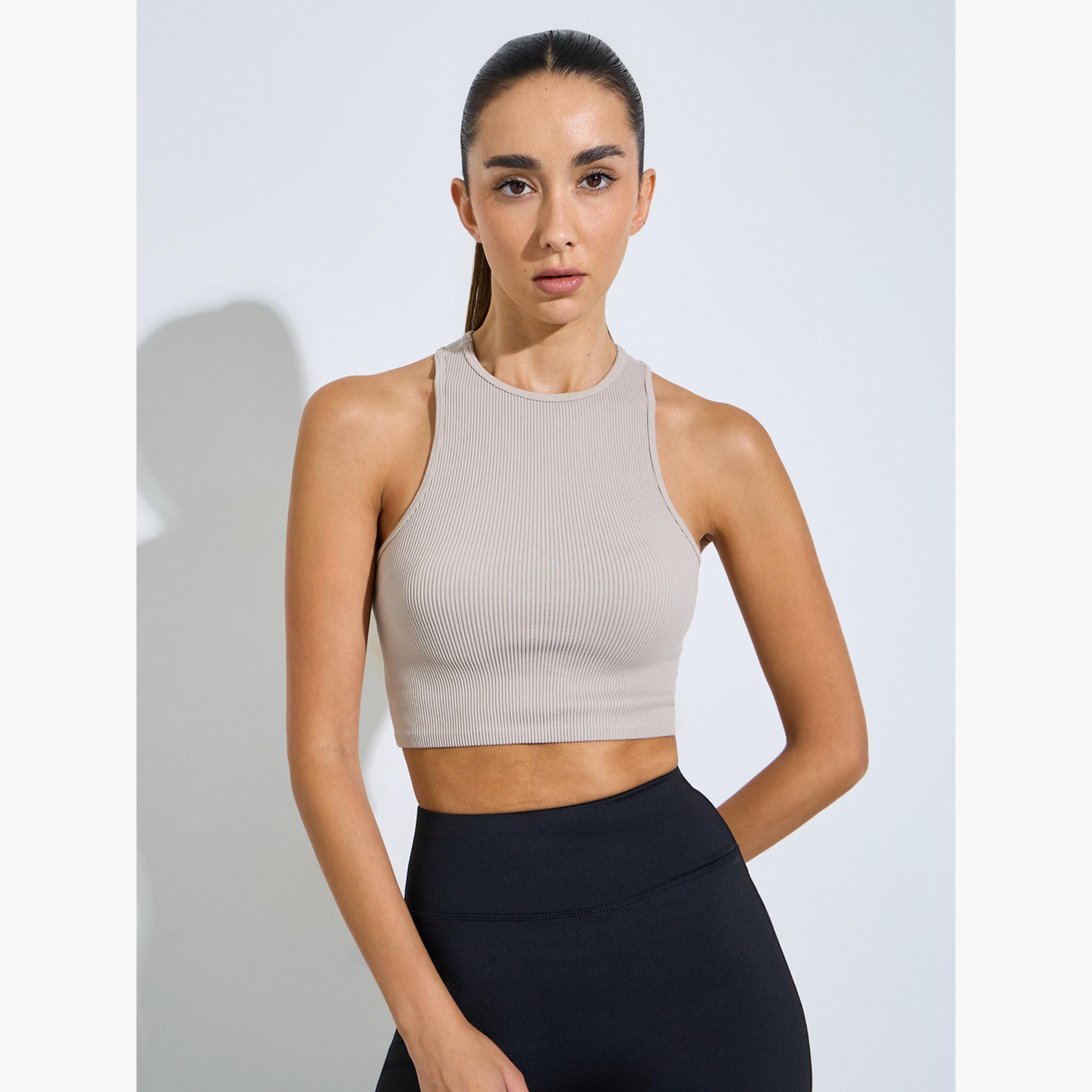Styli Beige Rib Textured Crop Tank-sports-women-clothing-tshirtsandvests-image-1