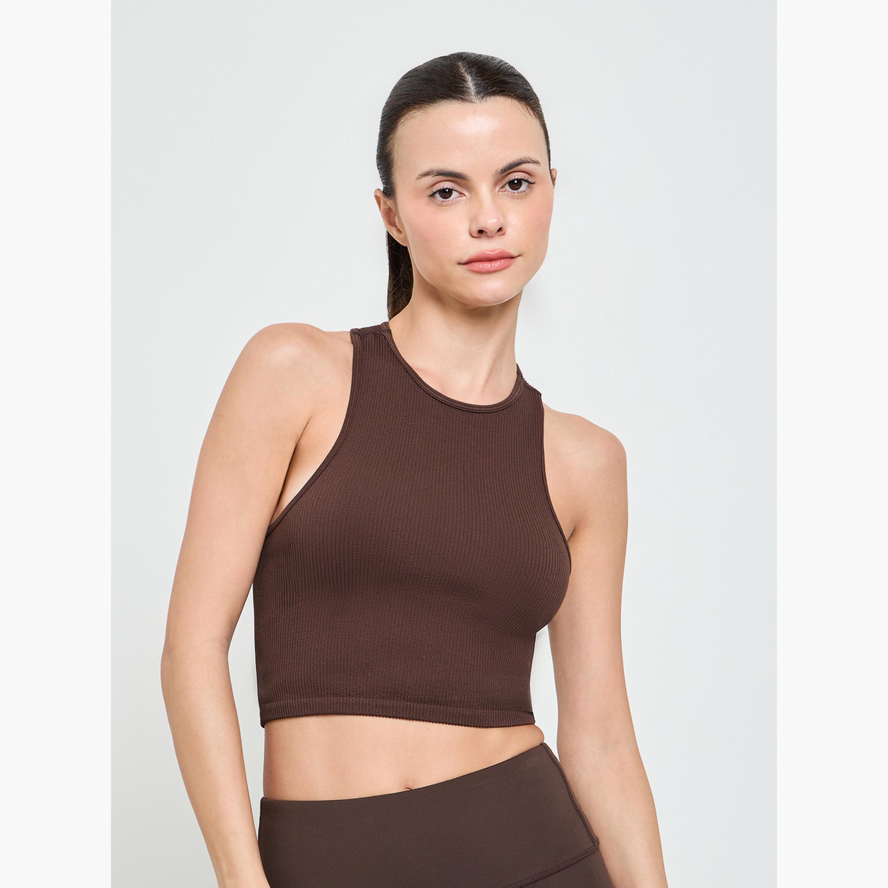Styli Brown Rib Textured Crop Tank-sports-women-clothing-tshirtsandvests-image-1