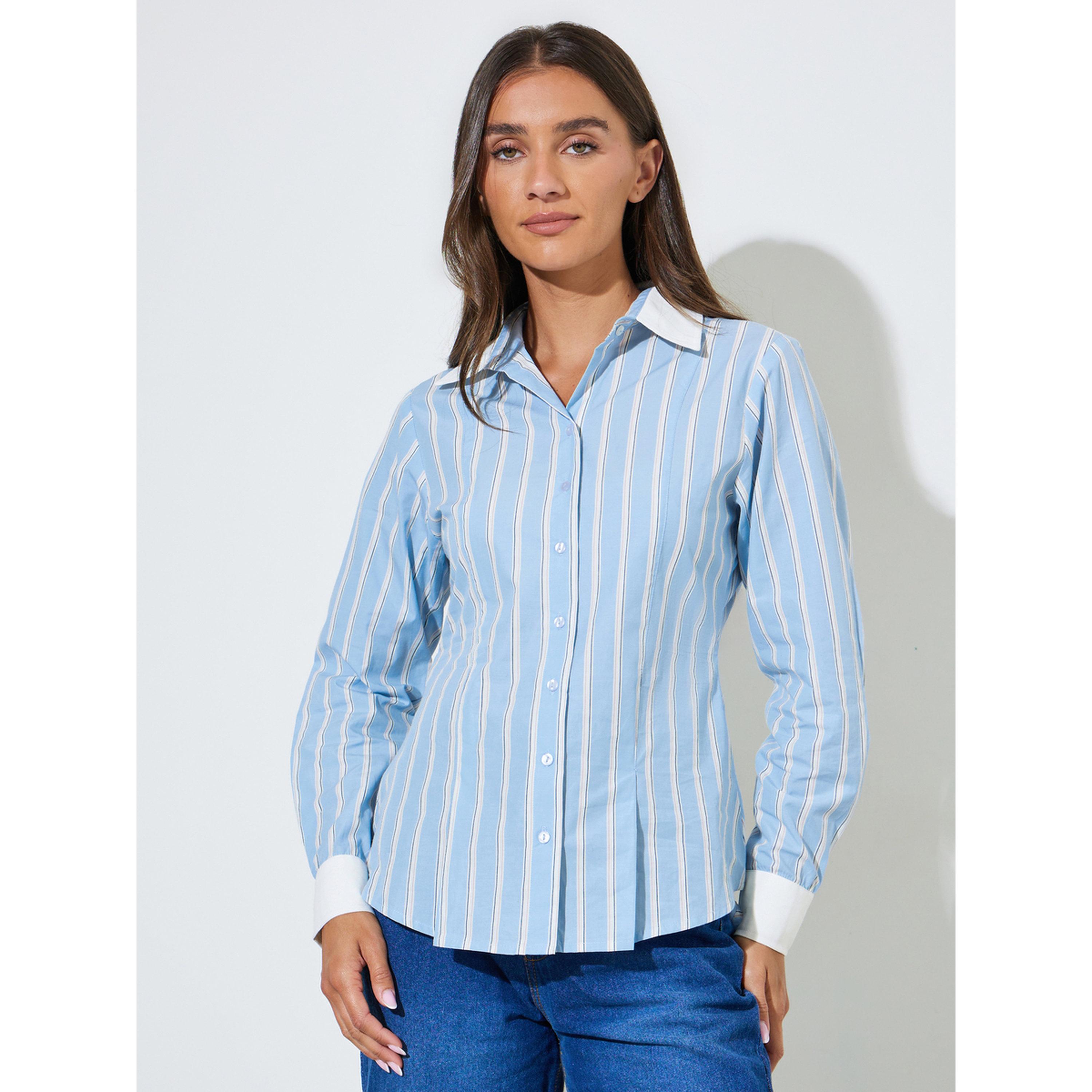 بلوزة ضيقة بتفاصيل بكسرات وحواف متباينة ومخططة باللون الأزرق-women-clothing-shirtsandblouses-shirts-image-1