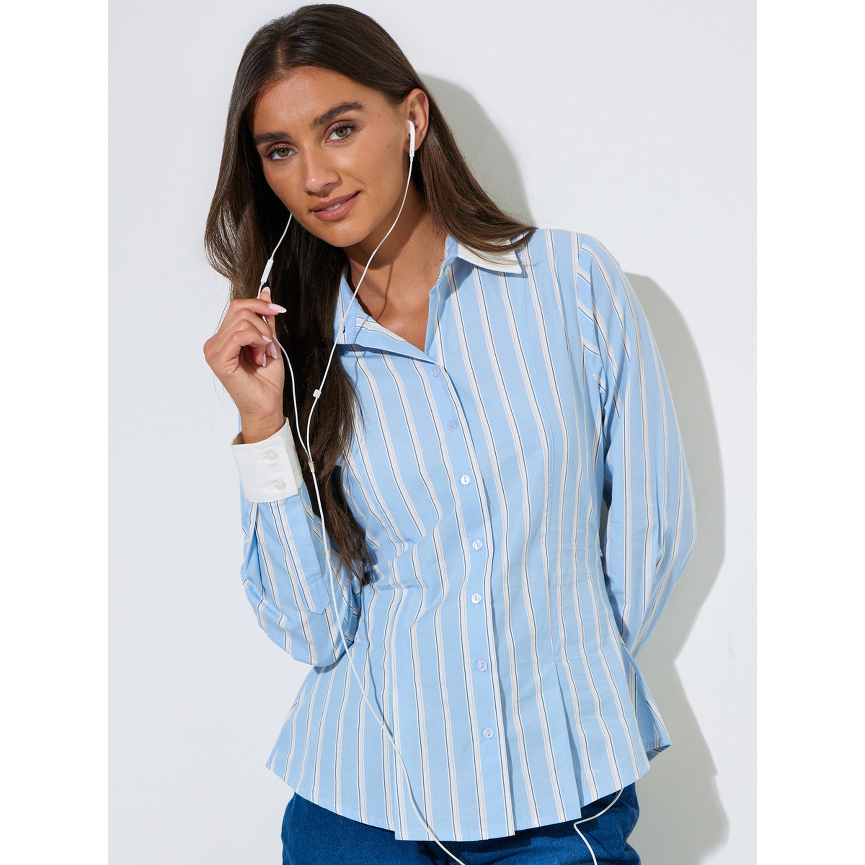 بلوزة ضيقة بتفاصيل بكسرات وحواف متباينة ومخططة باللون الأزرق-women-clothing-shirtsandblouses-shirts-image-3