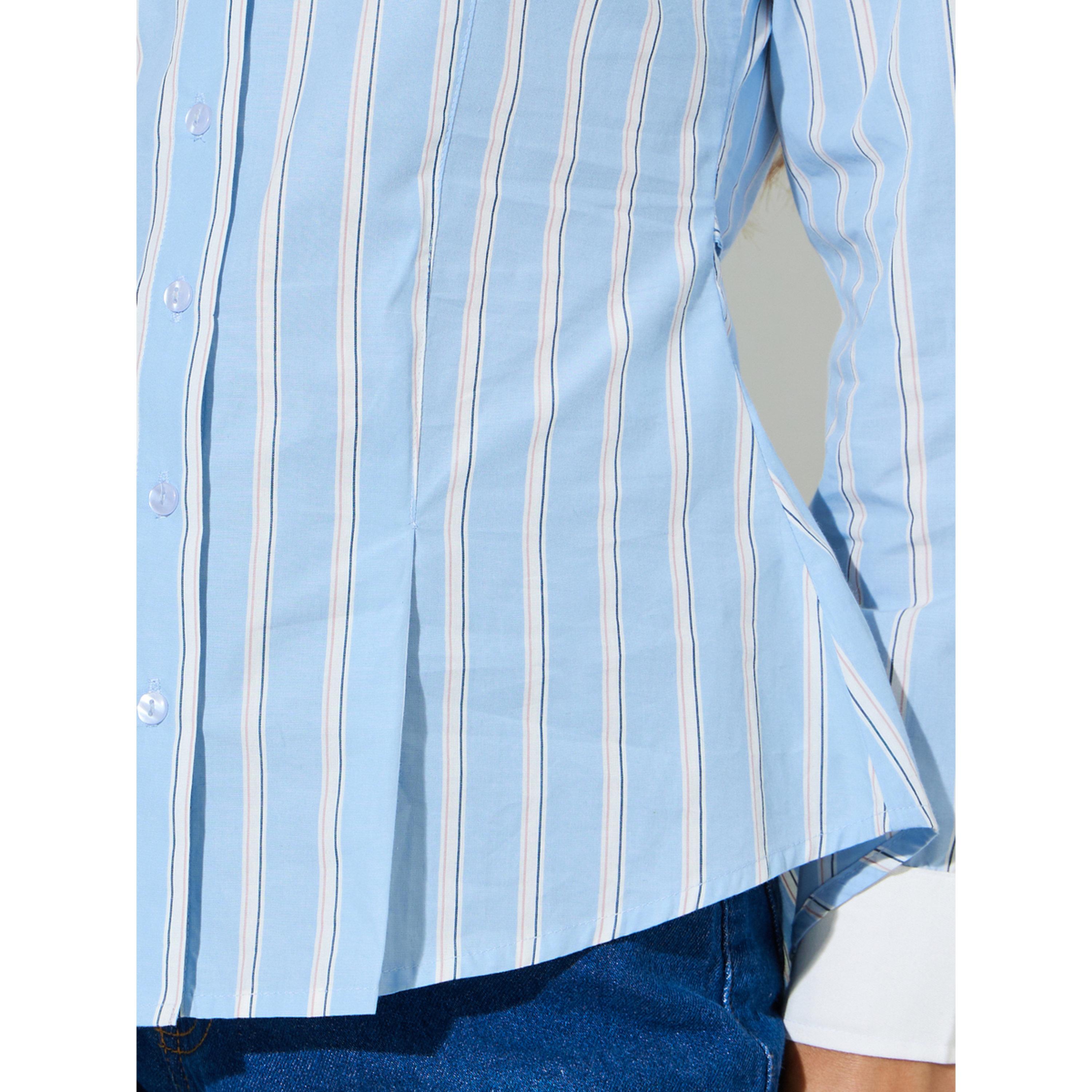 بلوزة ضيقة بتفاصيل بكسرات وحواف متباينة ومخططة باللون الأزرق-women-clothing-shirtsandblouses-shirts-image-5